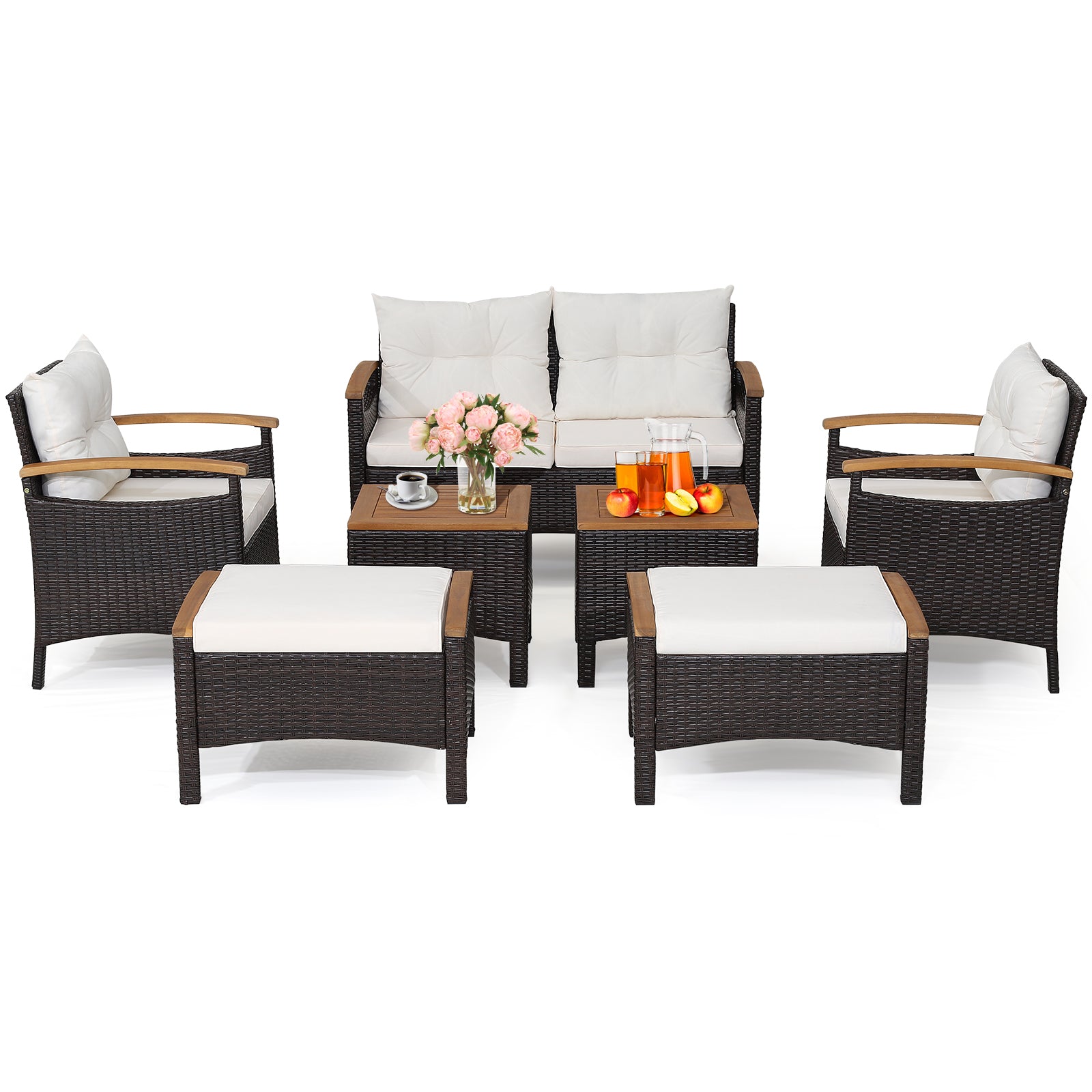 7 Piece Patio Rattan Sofa Set Outdoor with Cushions and Ottomans