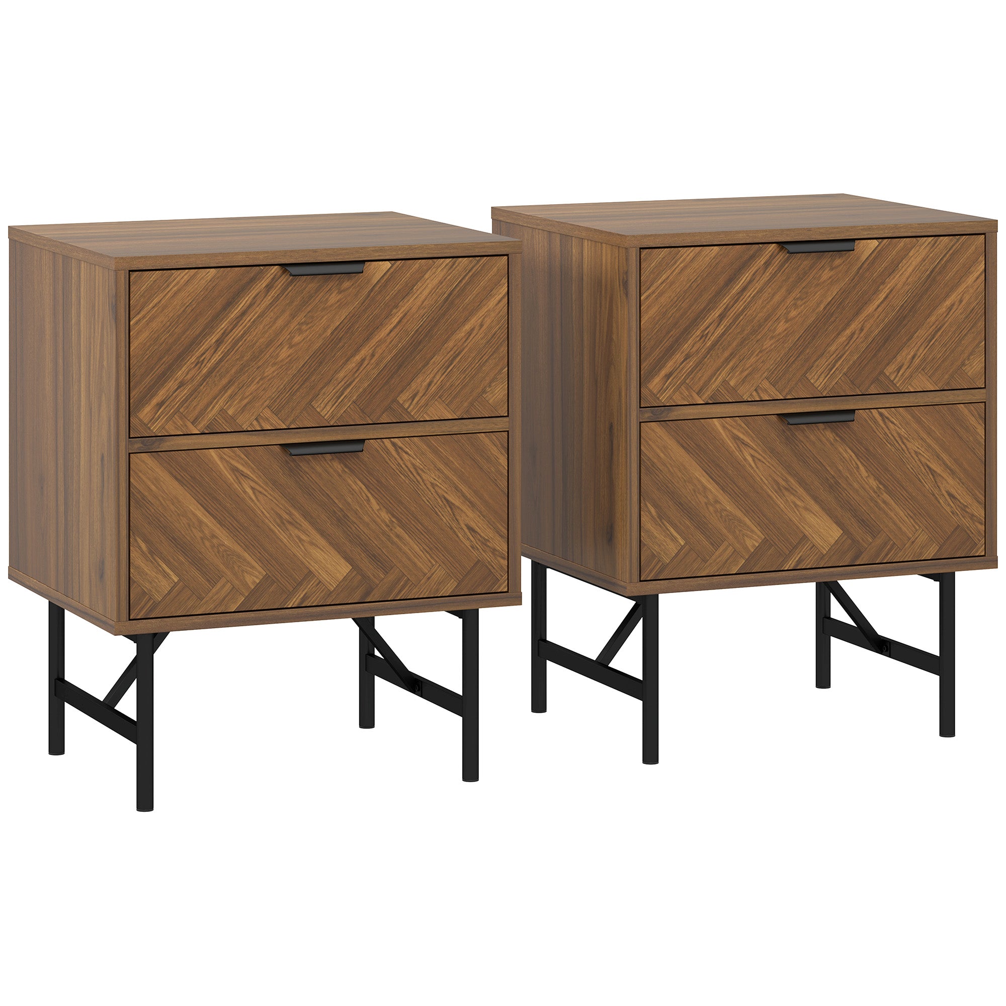 HOMCOM Bedside Table Set of 2 with 2 Drawers, Modern Side Tables with Herringbone Pattern and Metal Legs for Bedroom, Living Room, Walnut Brown