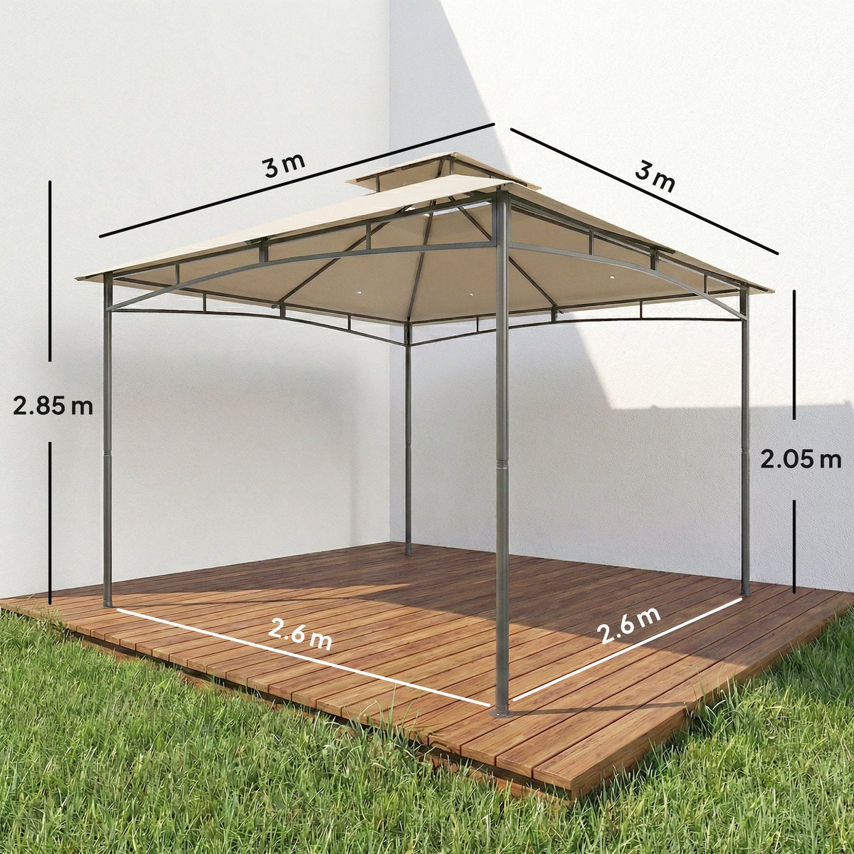 Outsunny 3 x 3 m Gazebo, Garden Gazebo with 2-Tier Roof, Metal Frame, Khaki