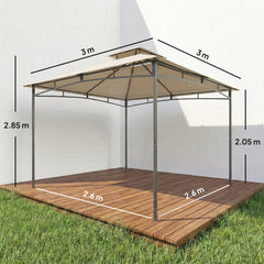 Outsunny 3 x 3 m Gazebo, Garden Gazebo with 2-Tier Roof, Metal Frame, Khaki
