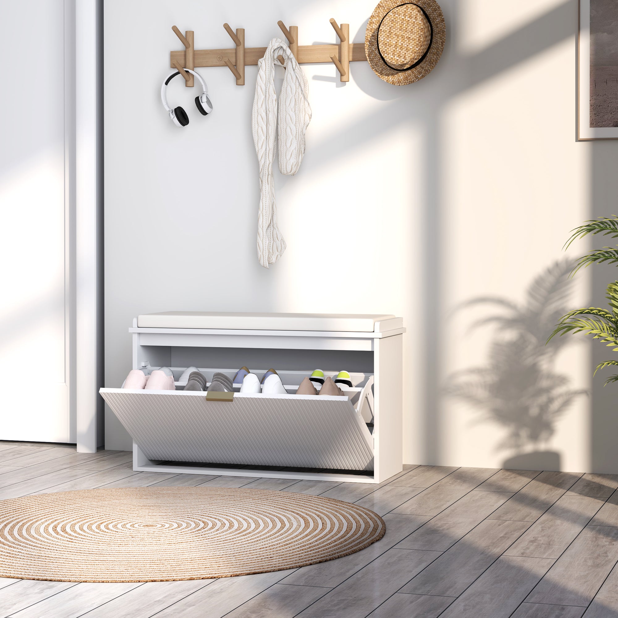 HOMCOM Elegant Eight Shoe Bench, with Top Seat - White