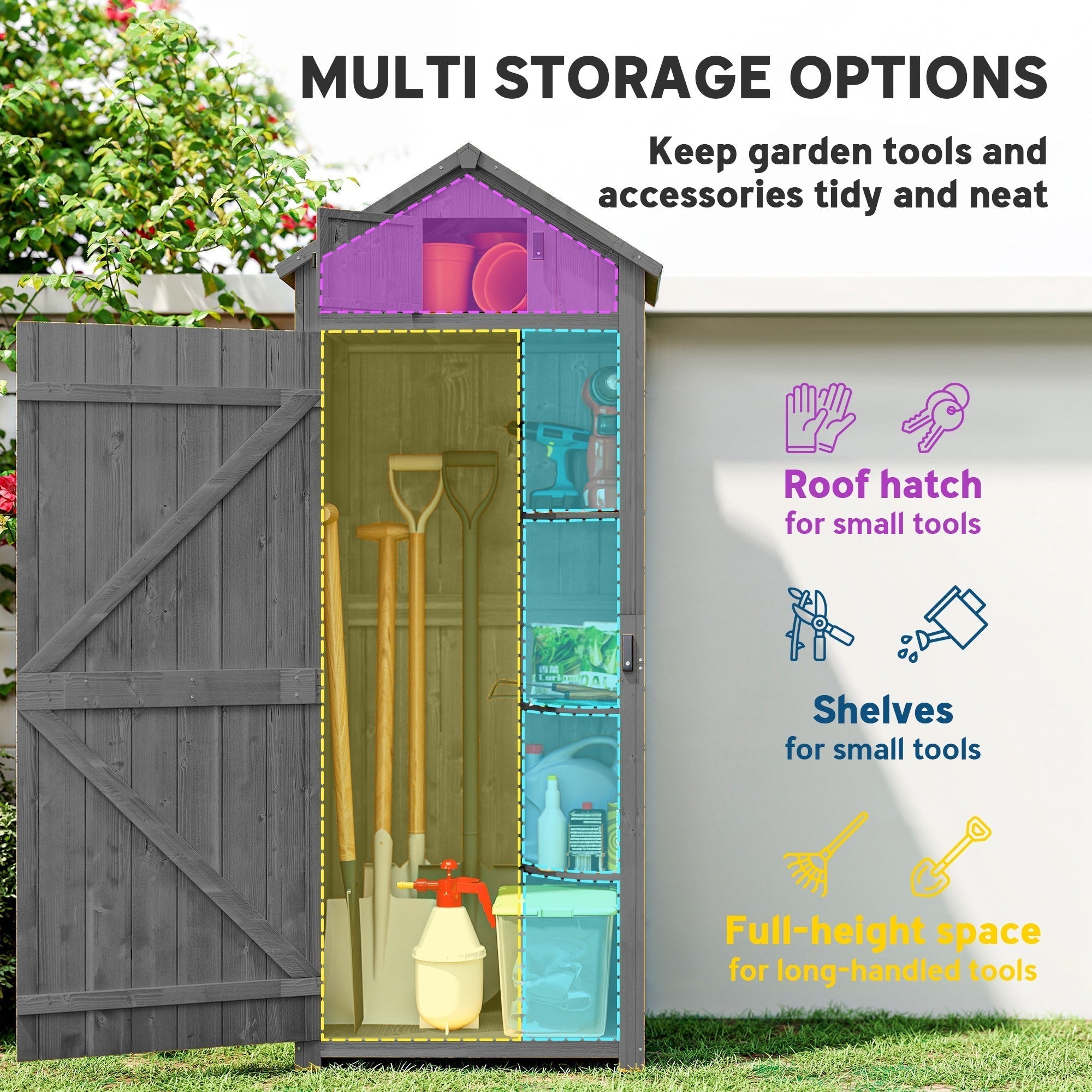 Outsunny Wooden Garden Shed, Utility Outdoor Small Shed with Lockable Double Doors, Shelves and Roof Hatch, Grey