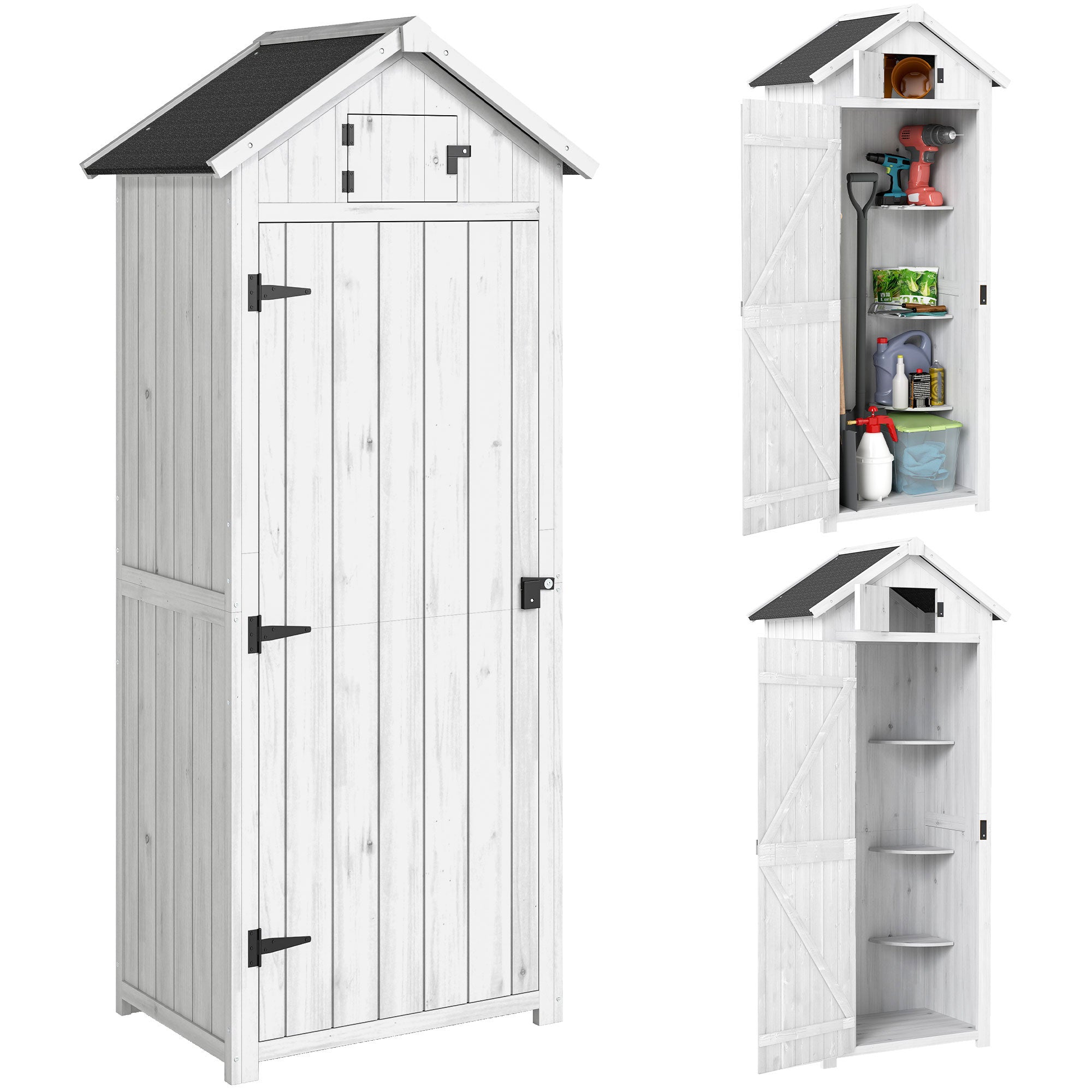 Outsunny Small Shed, Tall Slim Wooden Garden Shed with 3 Removable Shelves and Roof Hatch, Compact Outdoor Tool Storage Cabinet with Asphalt Roof and Door Latch, 77 x 54.2 x 179 cm, Light Grey
