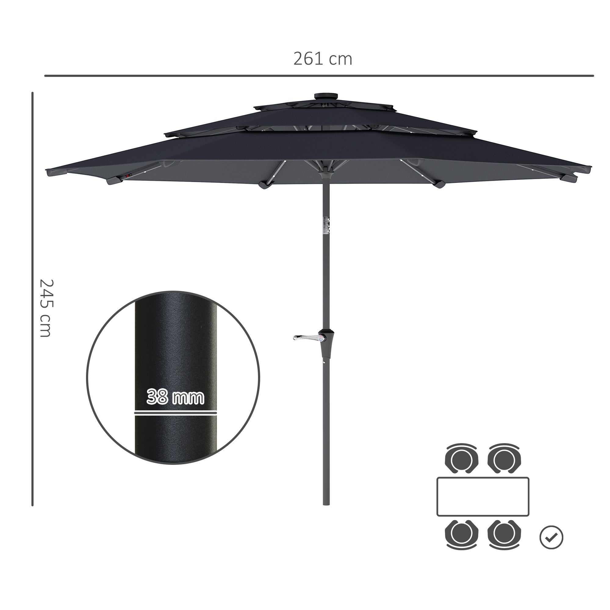Outsunny 3-Tier Garden Parasol with Solar LED Lights, UPF 30+, Tilt Mechanism & Crank Handle, for Market Terrace, Dark Grey