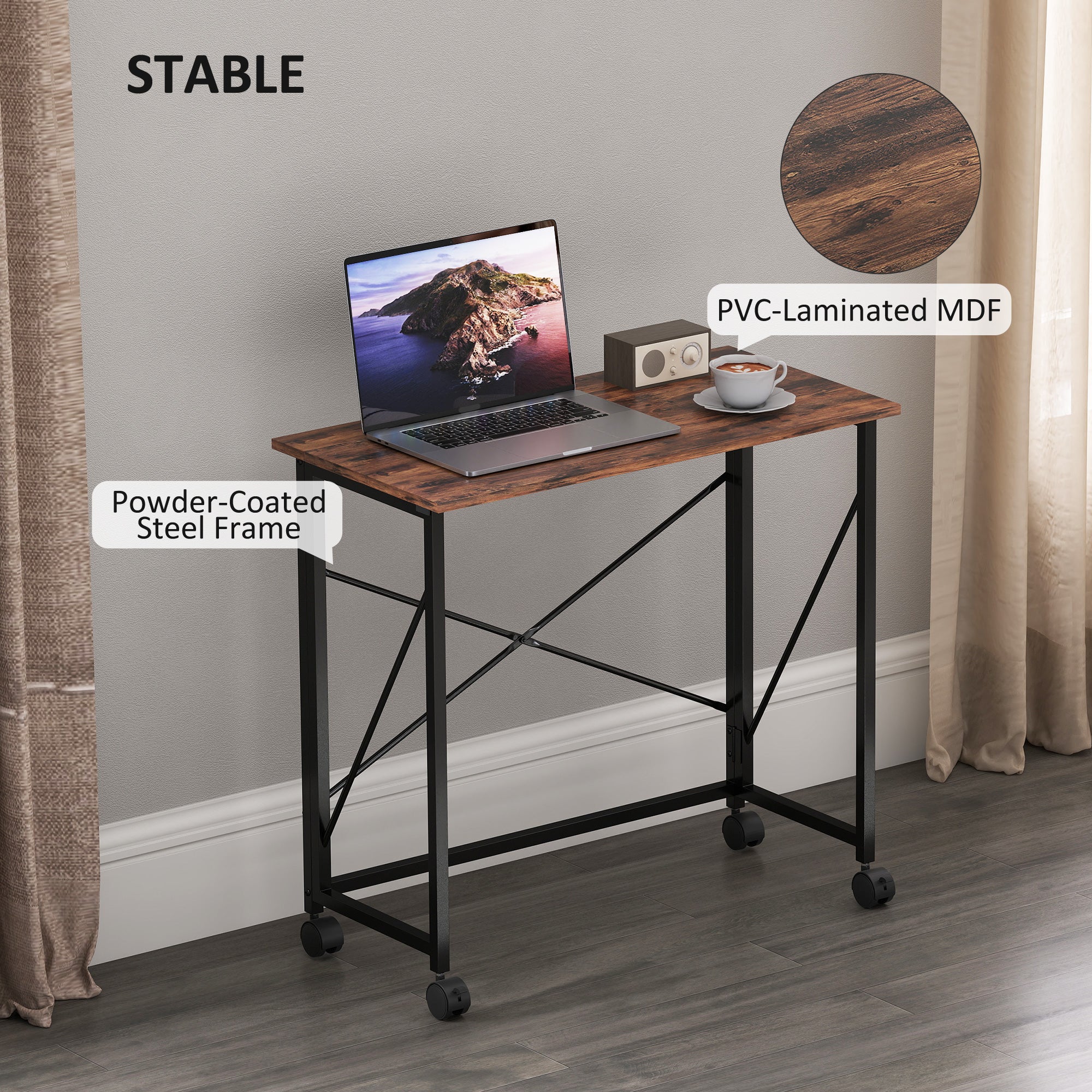 HOMCOM 80 cm Folding Desk on Wheels - Rustic Brown