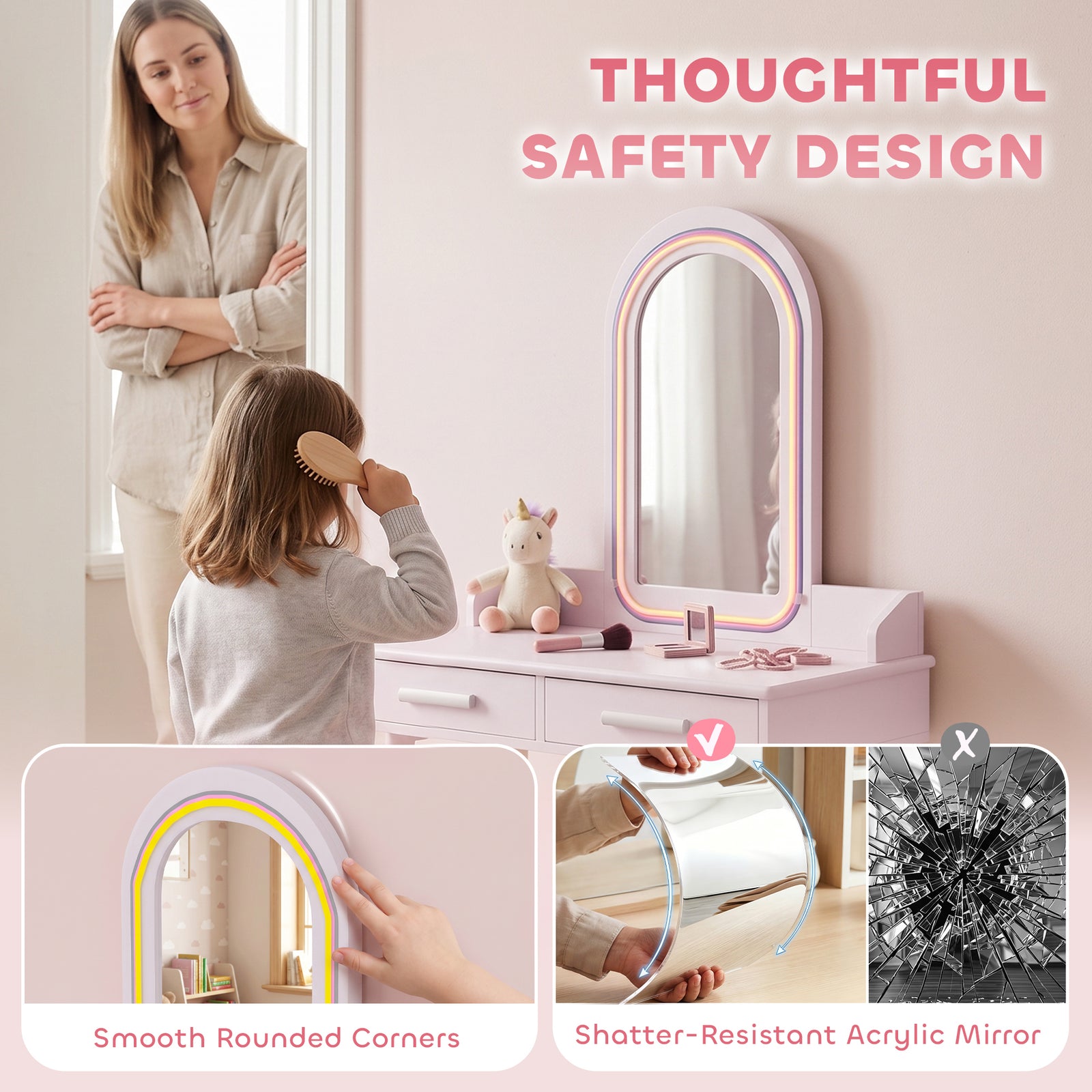 AIYAPLAY Kids Dressing Table, Girls Vanity Set with Stool, 3-Colour LED Lights Mirror, Large Drawer for Ages 3-8, Pink