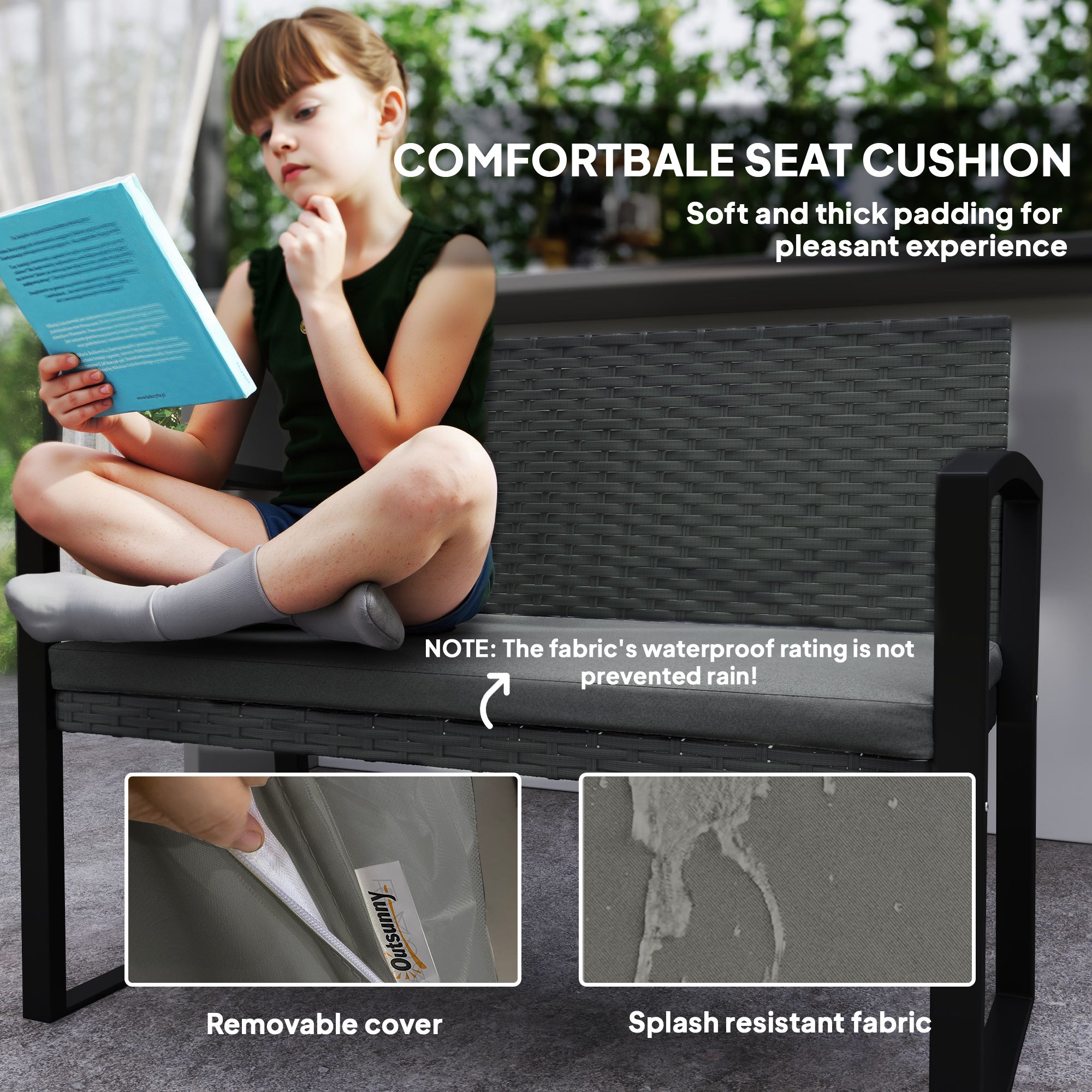 Outsunny Two-Seater Rattan Garden Bench - Grey/Black