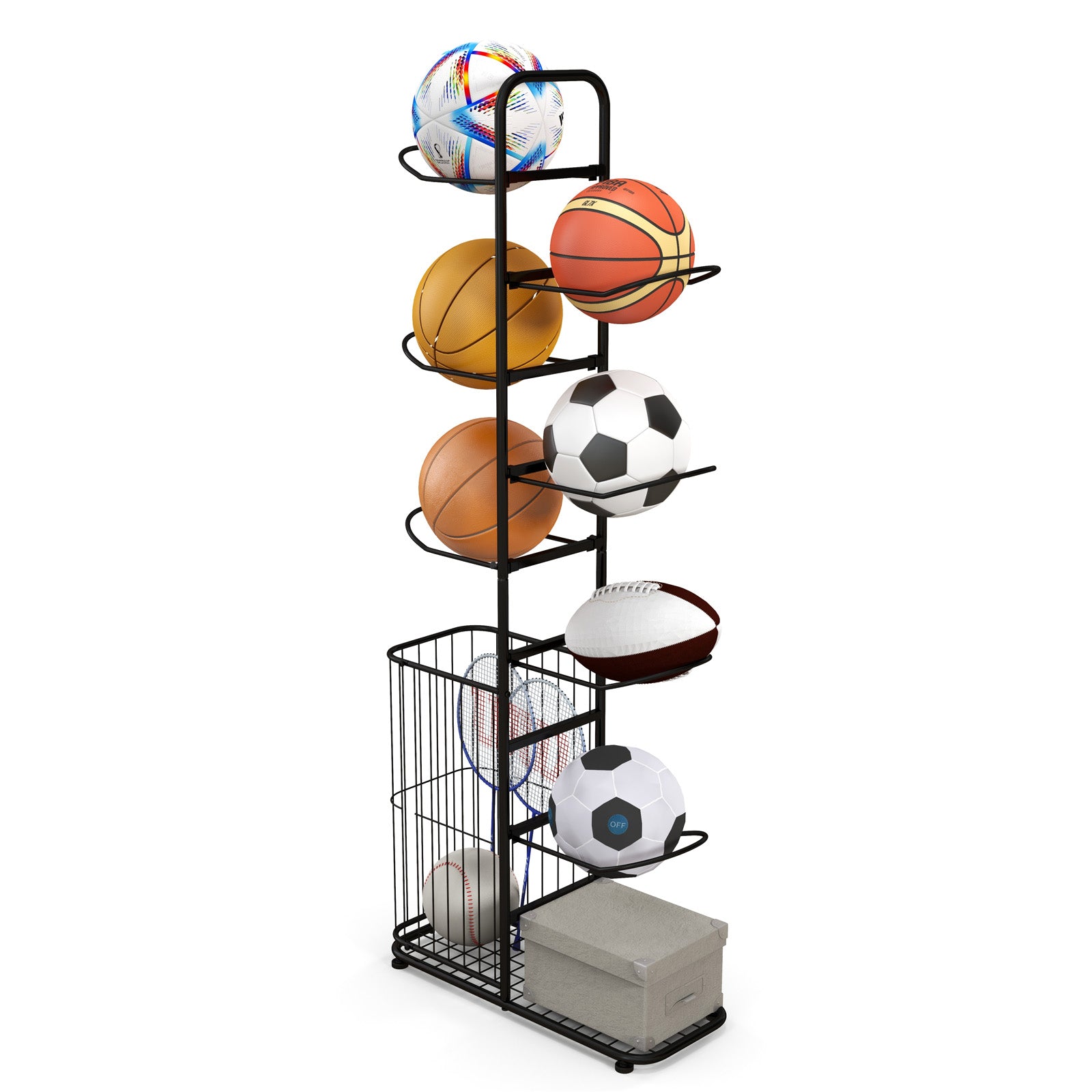 7-Tier Ball Storage Rack with Removable Hanging Rods and Side Basket
