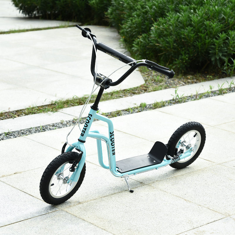 Light blue scooter with black handlebars on a tiled pavement