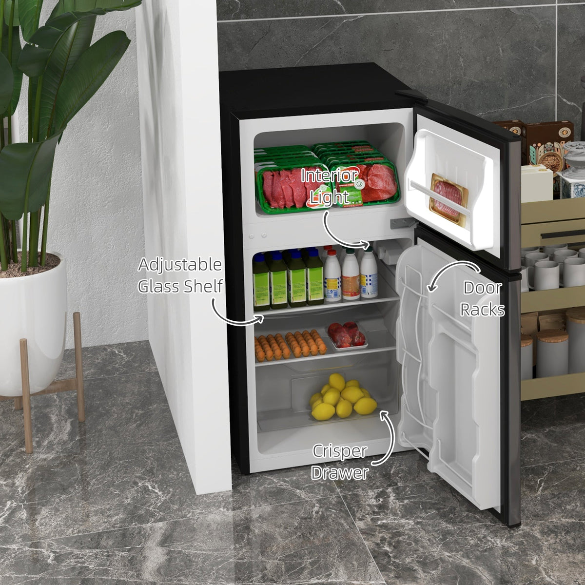 HOMCOM 88L Under Counter Fridge Freezer, Small Refrigerator with 5-Setting, 3 Star Freezer Rating, Black and Silver Tone