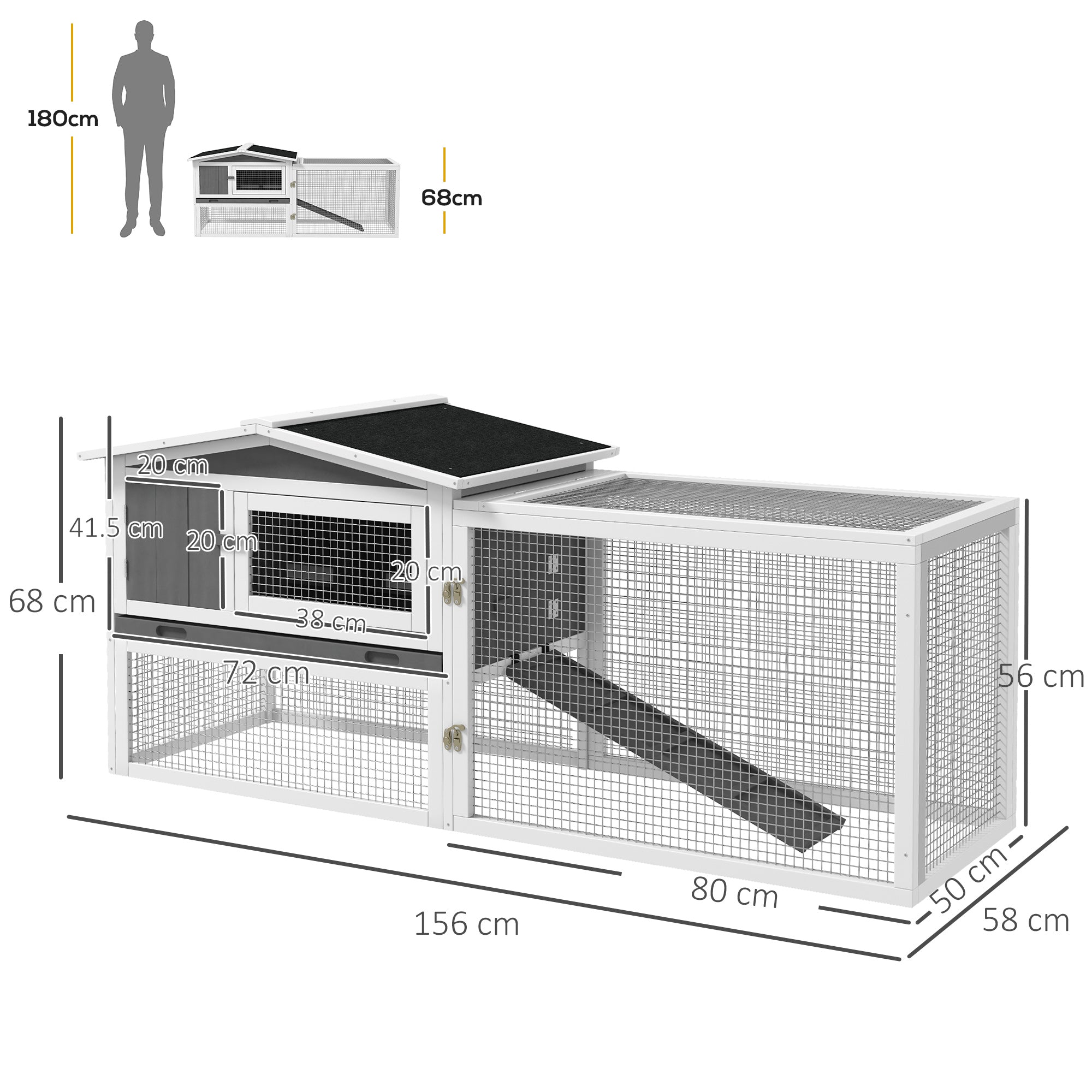 PawHut Rabbit Hutch with Run Wooden Guinea Pig Hutch Outdoor Bunny Cage Hide House with Sliding Tray, Hay Rack, Ramp, 156 x 58 x 68cm, Grey