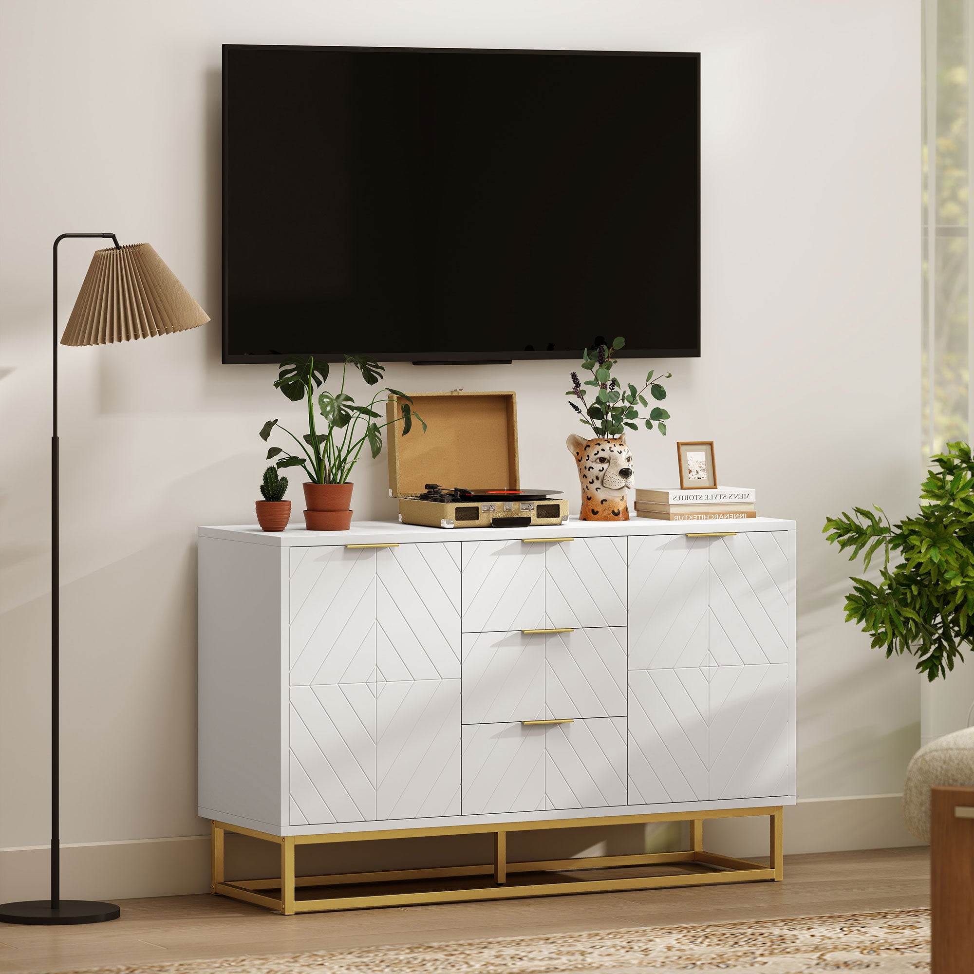 HOMCOM Sideboard with 3 Drawers and Adjustable Shelves for Living Room - White