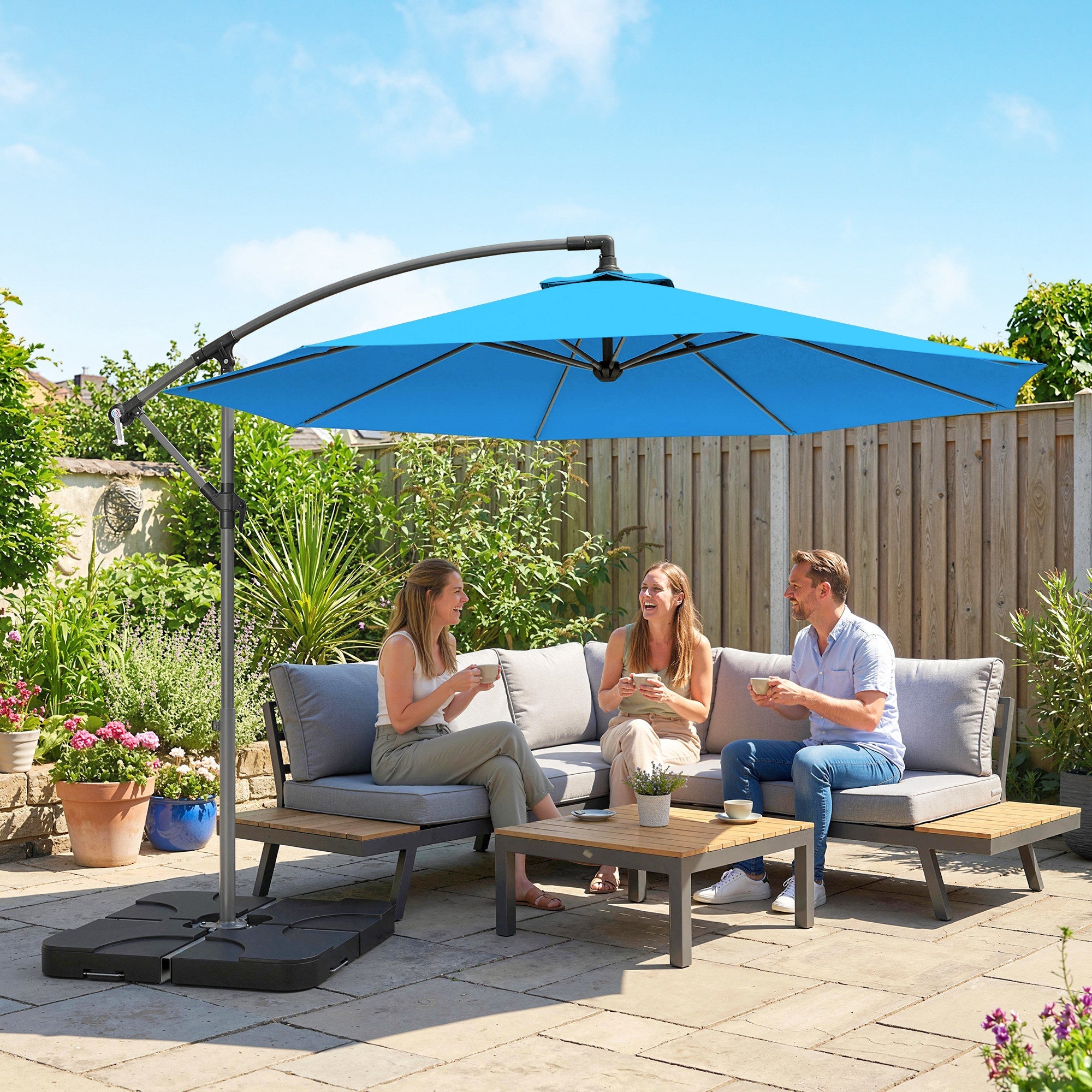 Outsunny 3m Overhanging Parasol, with Base, Weights and Cover - Blue