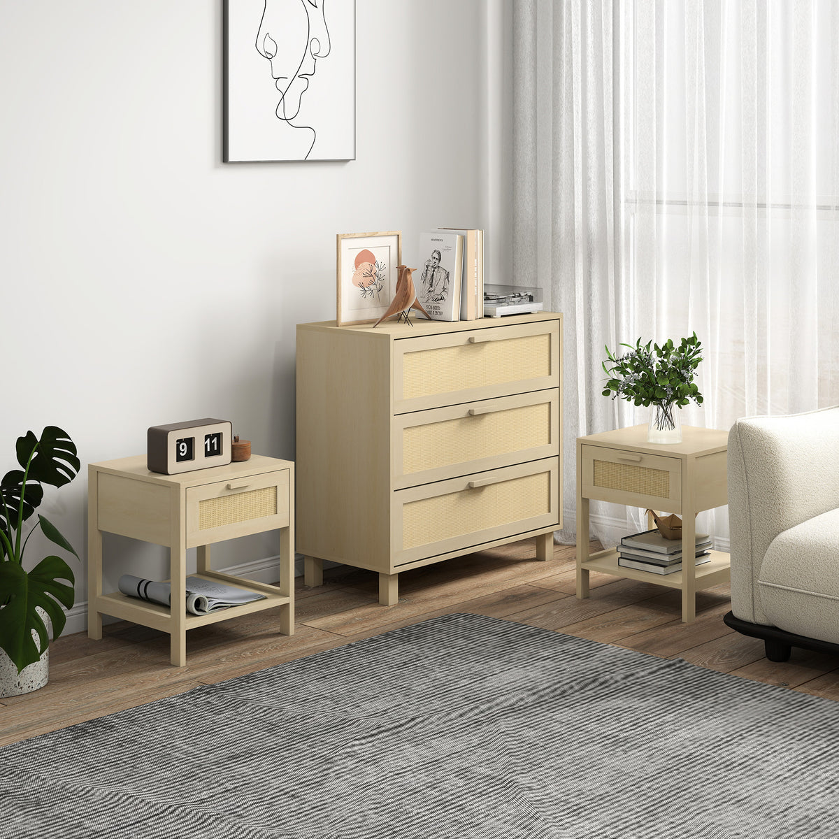 HOMCOM Chest of Drawer and Nightstands, Boho Rattan Furniture Set, Nature Wood Finish
