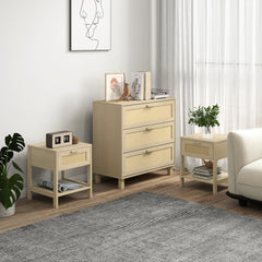 HOMCOM Chest of Drawer and Nightstands, Boho Rattan Furniture Set, Nature Wood Finish