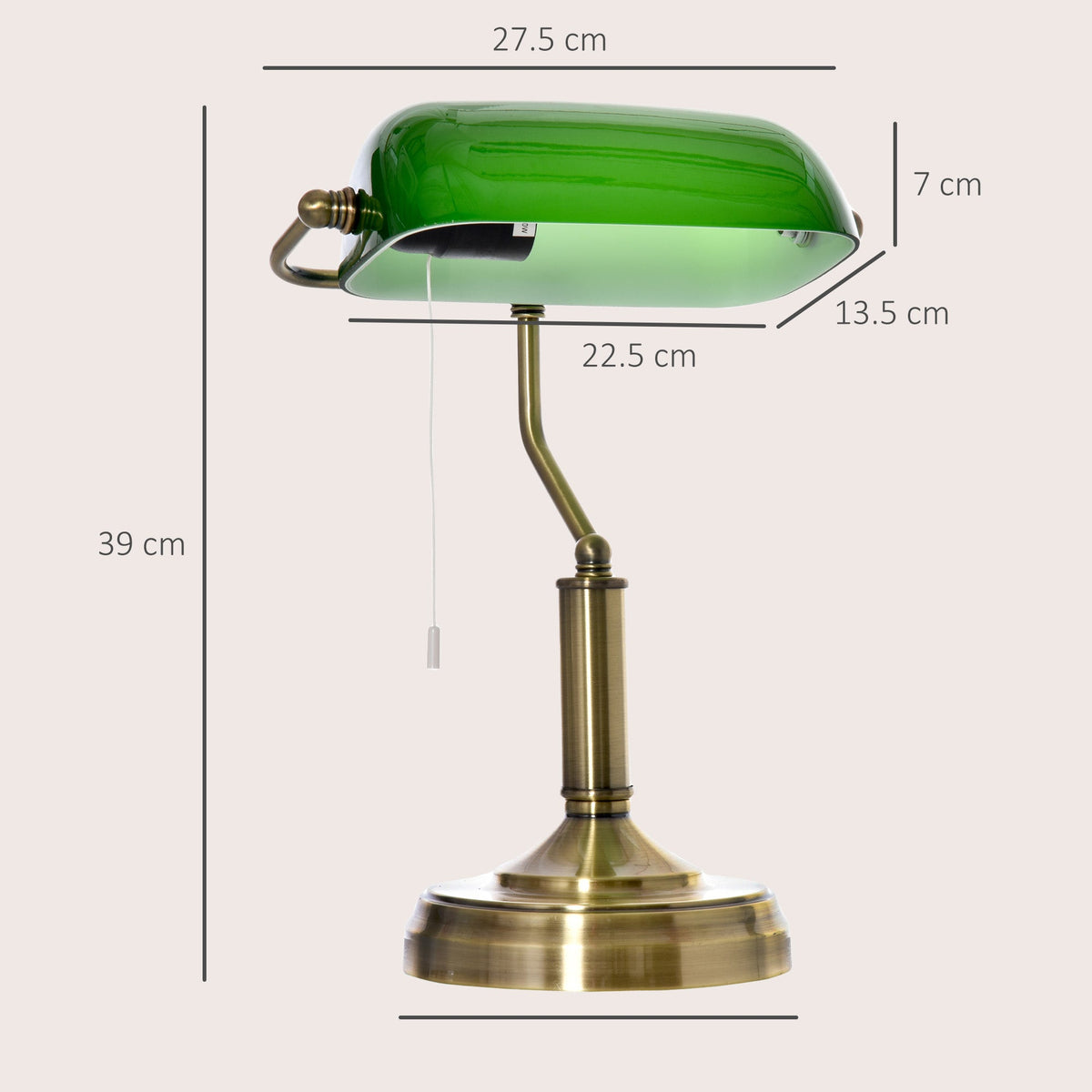 HOMCOM Banker's Table Lamps Set of 2, Desk Lamps with Antique Bronze Tone Base, Green Glass Shade and Pull Rope Switch for Home Office, Living Room, Bedroom, Dining Room, Green