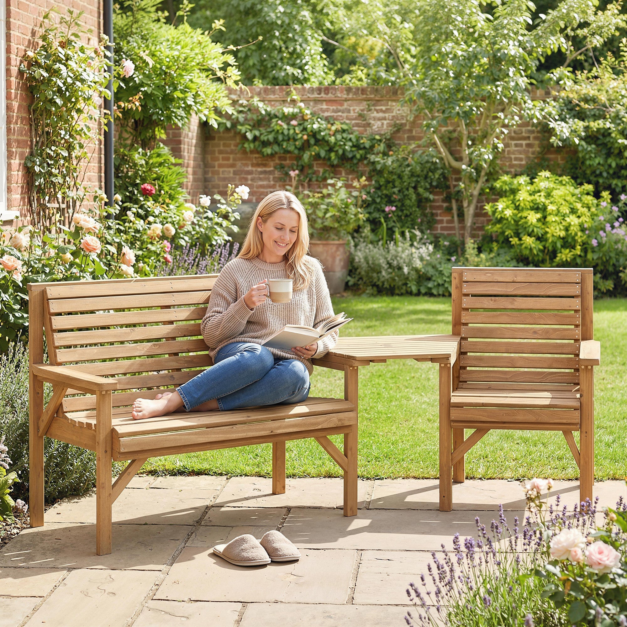 Outsunny Wooden Garden Furniture Set , 1 Chair, 1 Bench and Detachable Table, Natural Wood Finish
