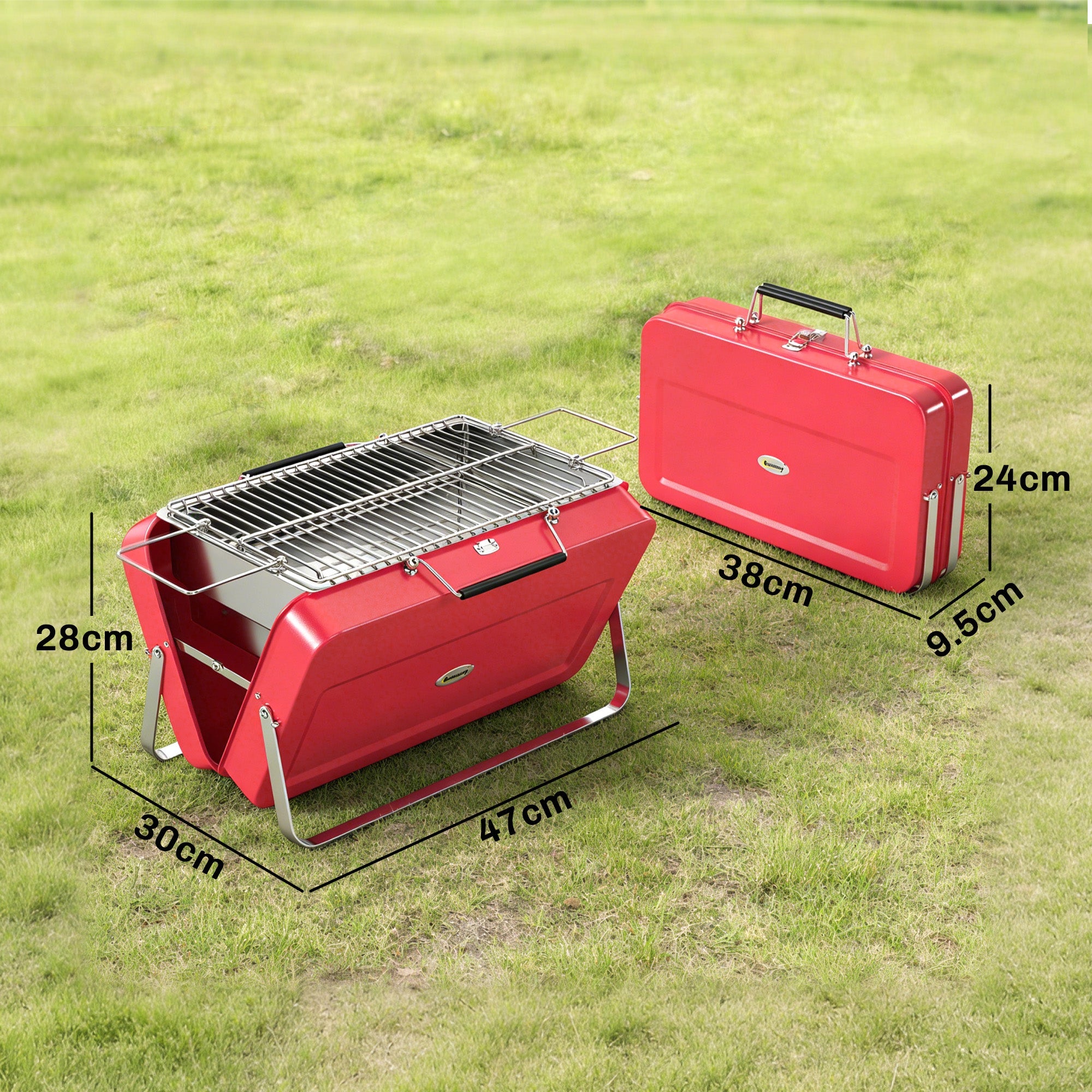 Outsunny Portable Mini Charcoal Barbecue Grill with Suitcase Shell, Outdoor Folding Tabletop BBQ Grill, Red