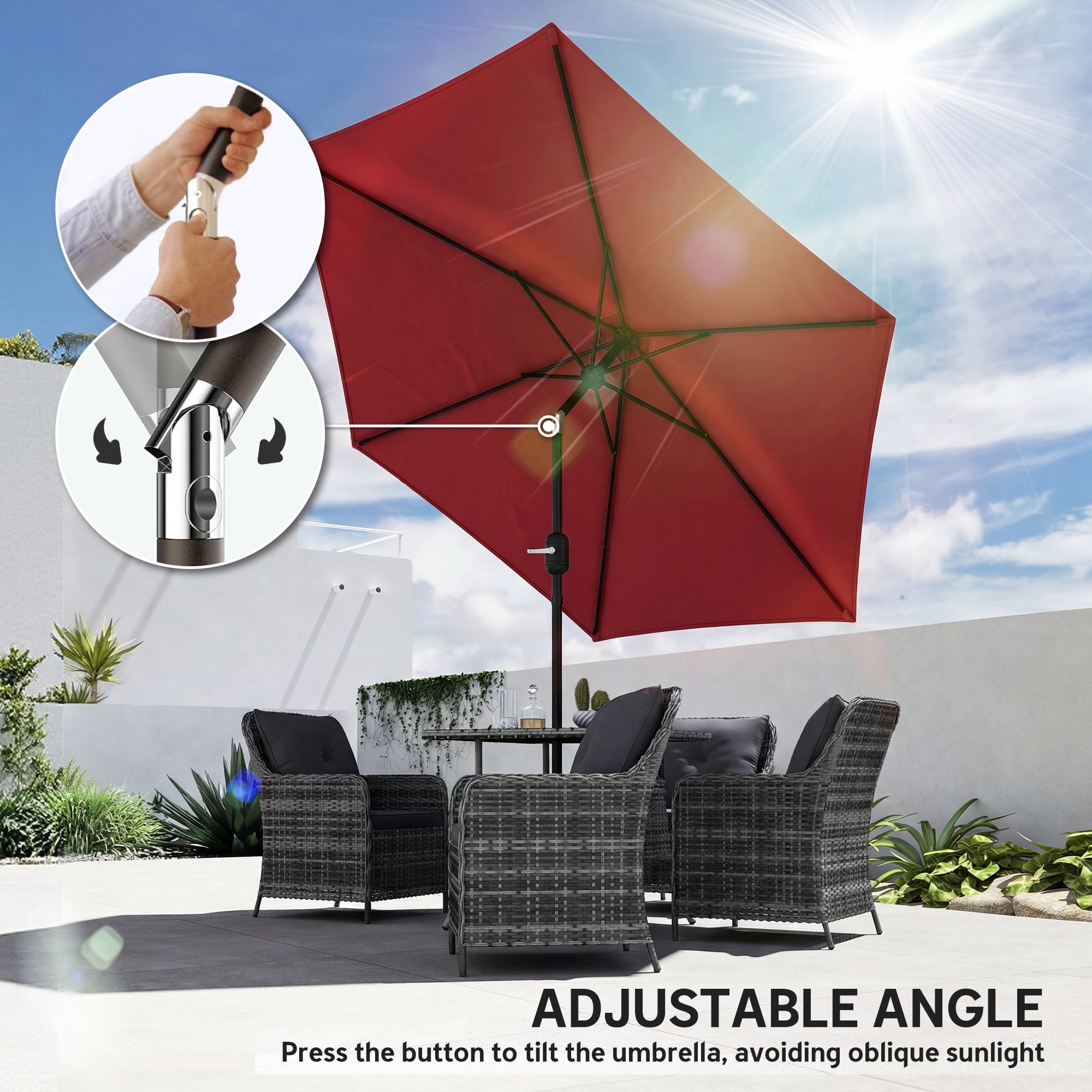 Outsunny 2.6 m Garden Parasol Umbrella with Aluminium Pole, Outdoor Patio Umbrella with Tilt and Crank, Vent, Wine Red