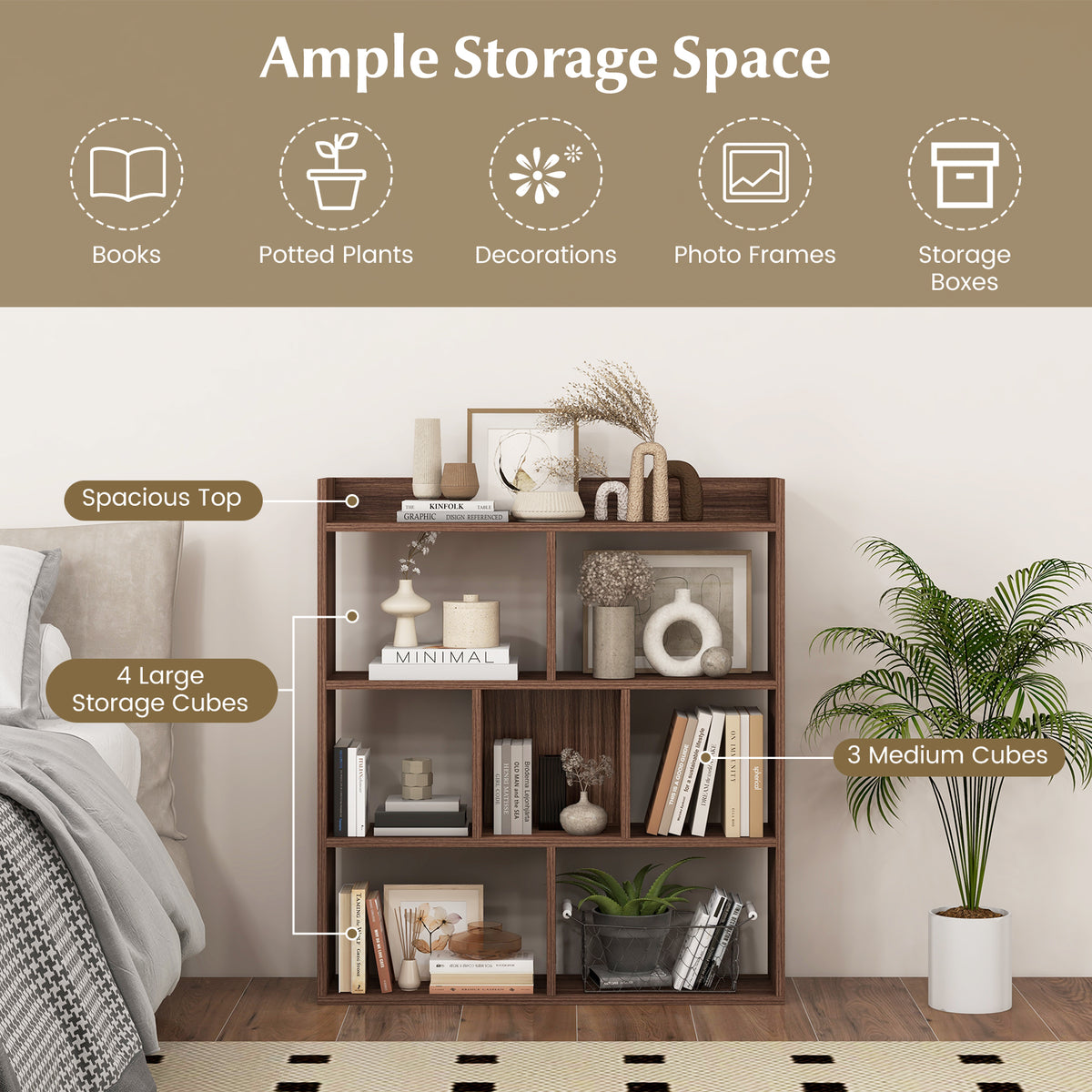 7 Cubes Open-back Bookshelf Home Storage Display Shelf-Walnut