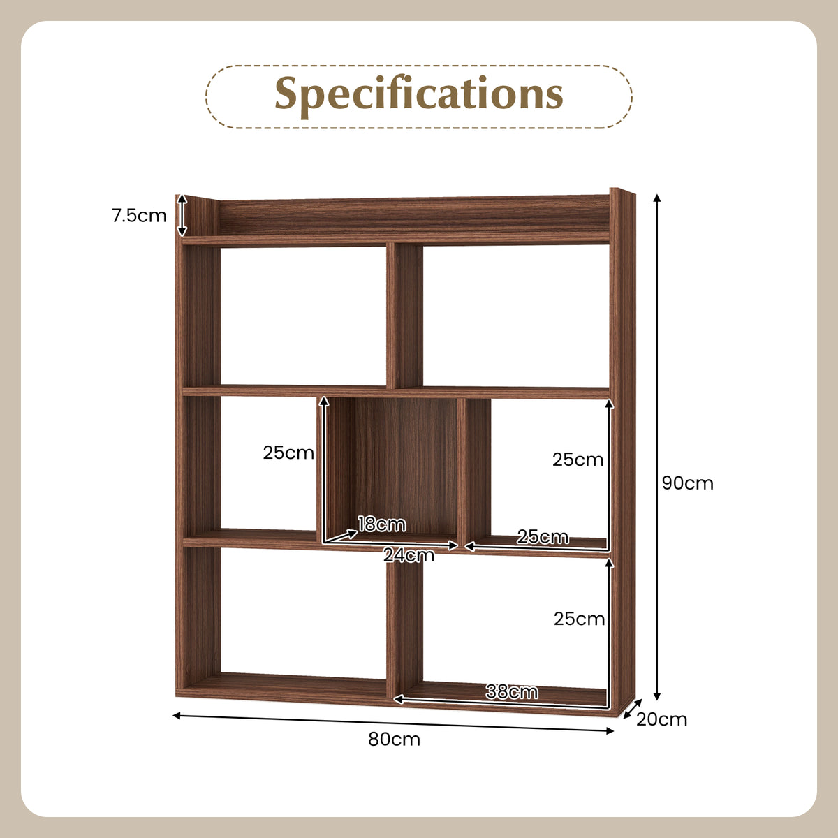 7 Cubes Open-back Bookshelf Home Storage Display Shelf-Walnut