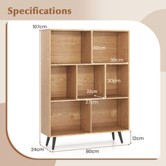 7-Cube Bookcase Mid Century Modern Storage Organizer with 4 Tapered Metal Legs-Natural