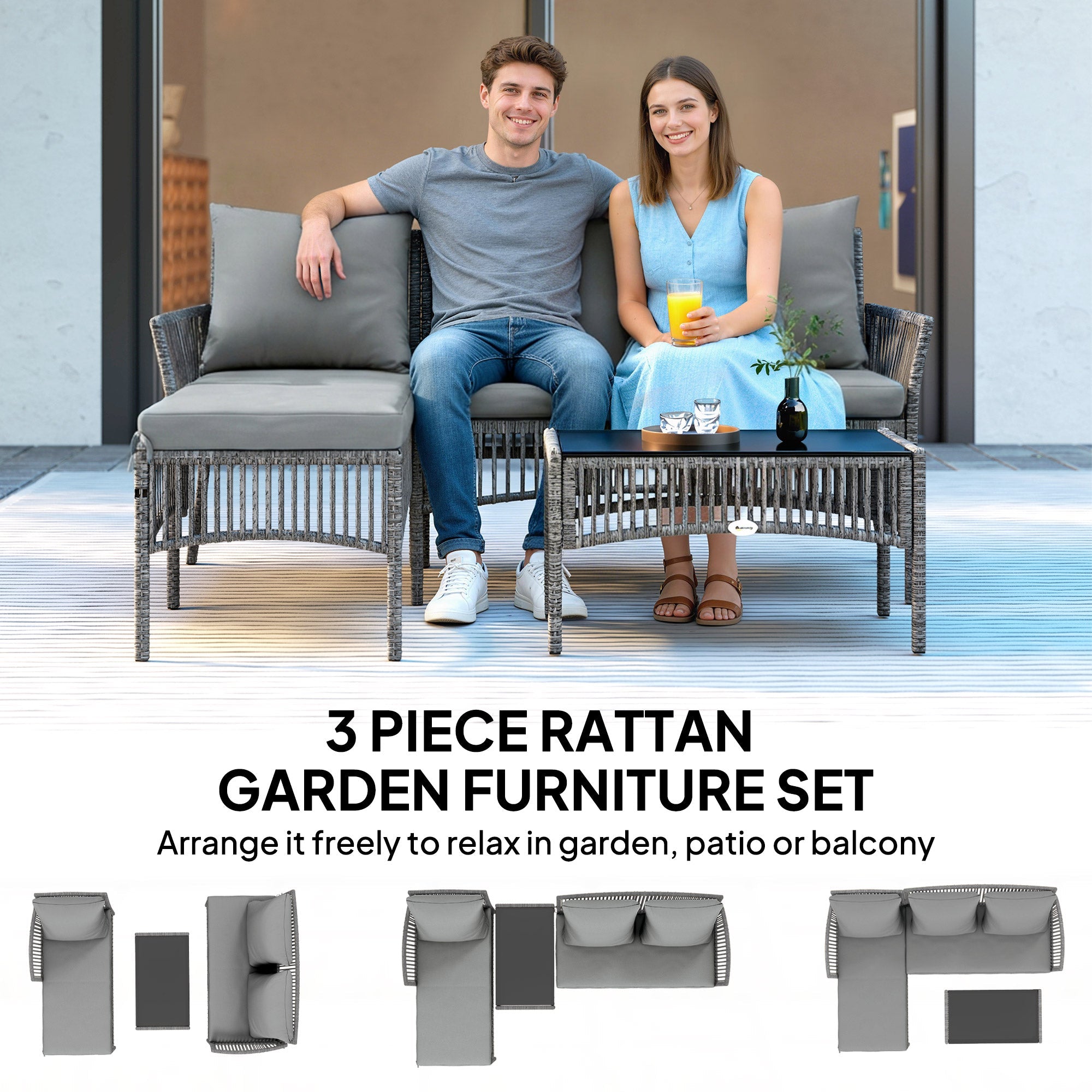 Outsunny 3 Piece Rattan Garden Furniture Corner Sofa Set with Chaise Lounge, Loveseat, Glass Coffee Table, Cushions, Dark Grey