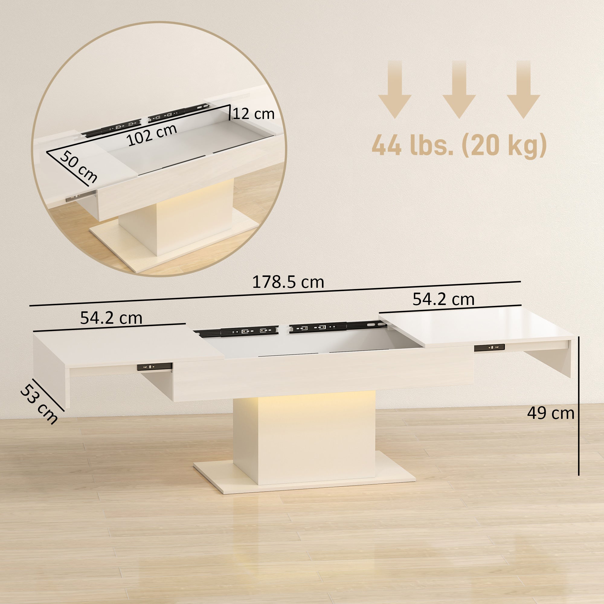 HOMCOM Extendable Coffee Table with LED Lights and Storage - High Gloss White