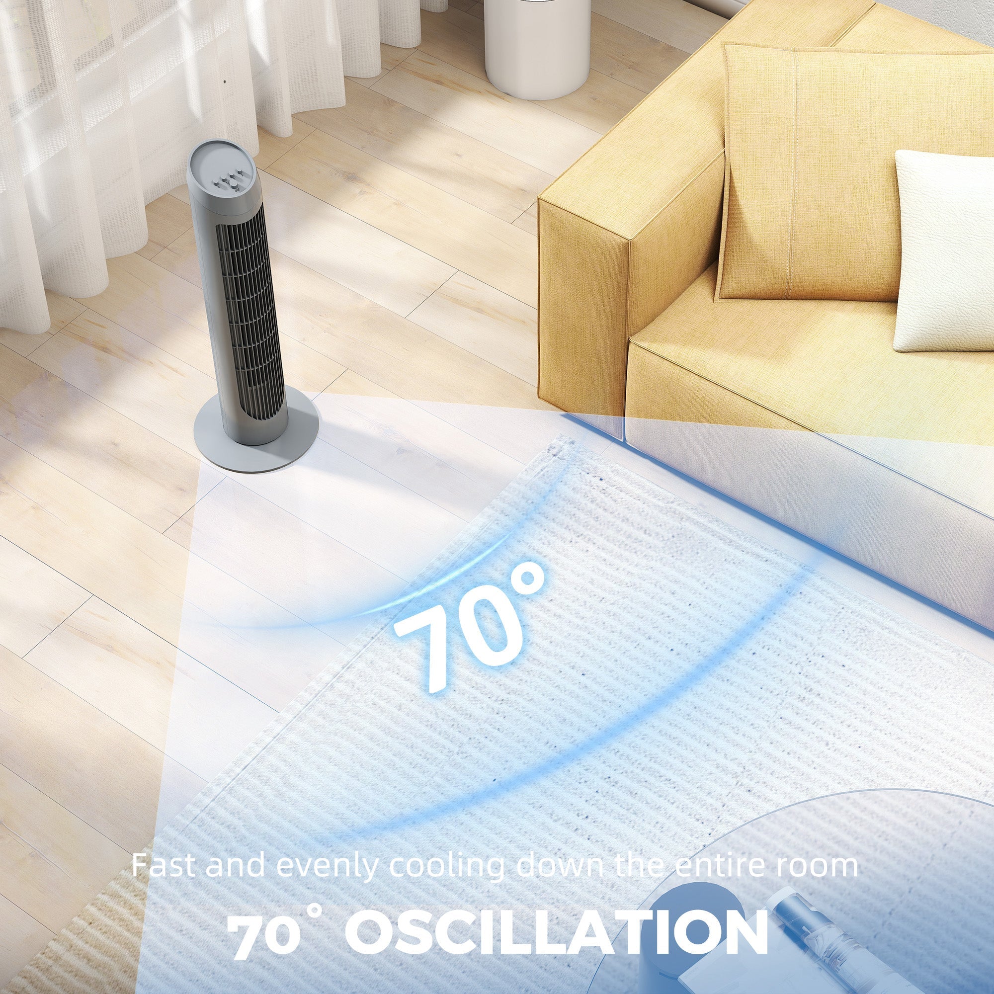 HOMCOM Tower Fan for Bedroom Cooling, 75cm Electric 70Â° Oscillating with 3 Speed Settings, Standing Floor Fan, Grey