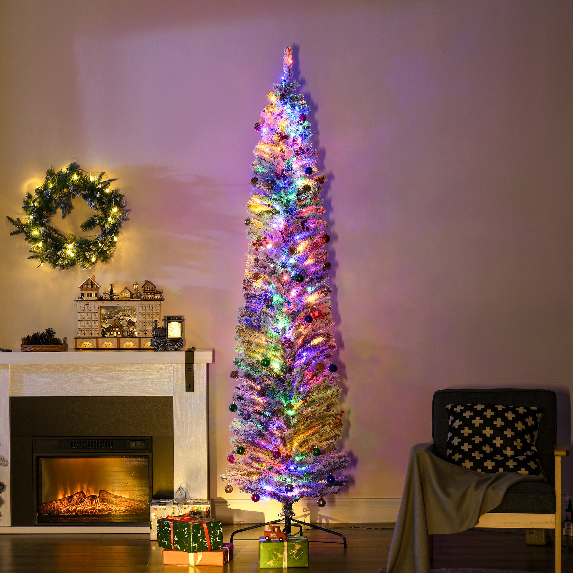HOMCOM 7.5' Artificial Prelit Christmas Trees Holiday D√É¬©cor with Colourful LED Lights, Flocked Tips, Berry, Pine Cone
