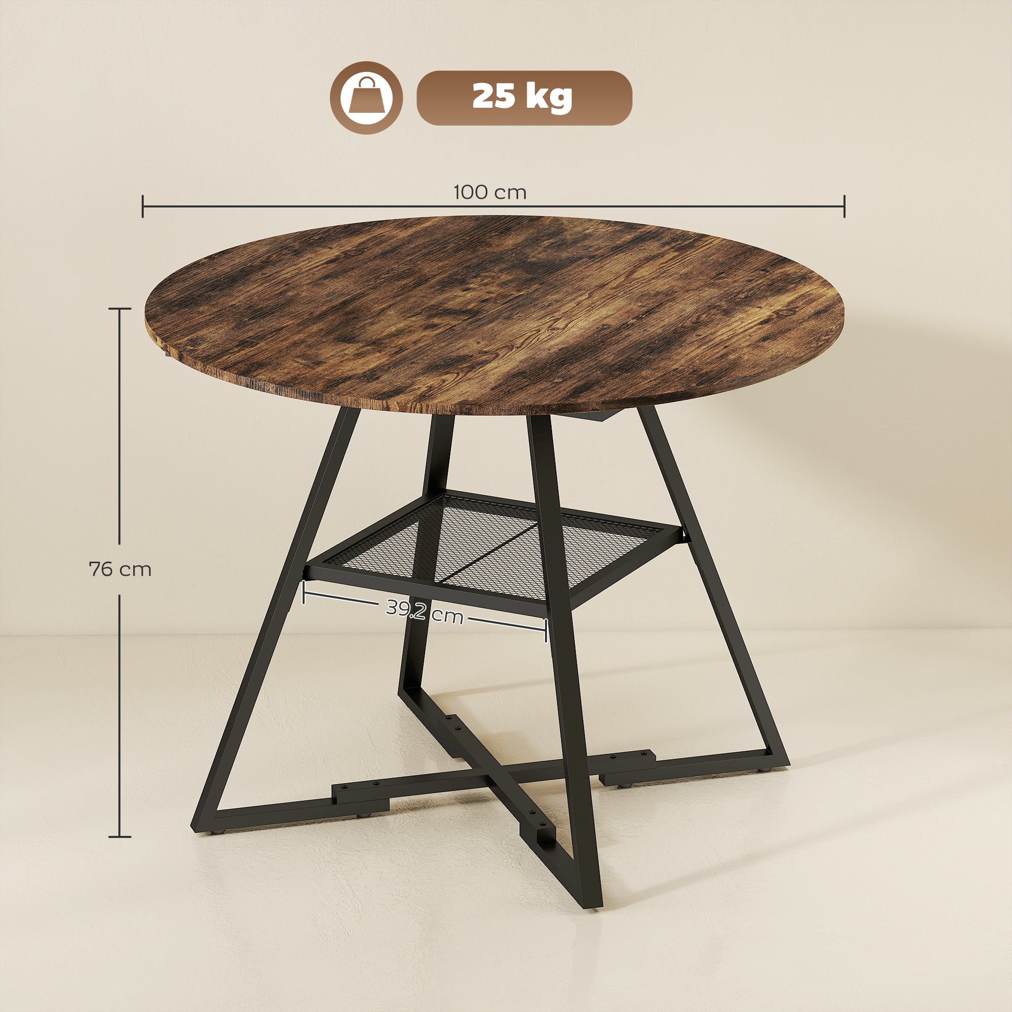 HOMCOM Dining Table for 4 People, 100 cm Round Industrial Kitchen Table with Storage Shelf, Rustic Brown
