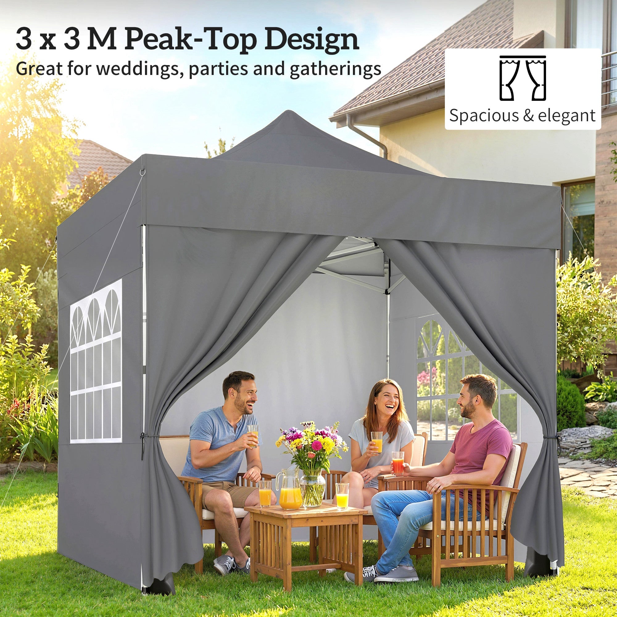 Outsunny 3 x 3 m Pop Up Gazebo with Sidewalls, UPF50+ Heavy Duty Garden Party Tent Marquee with Wheeled Carry Bag, Dark Grey