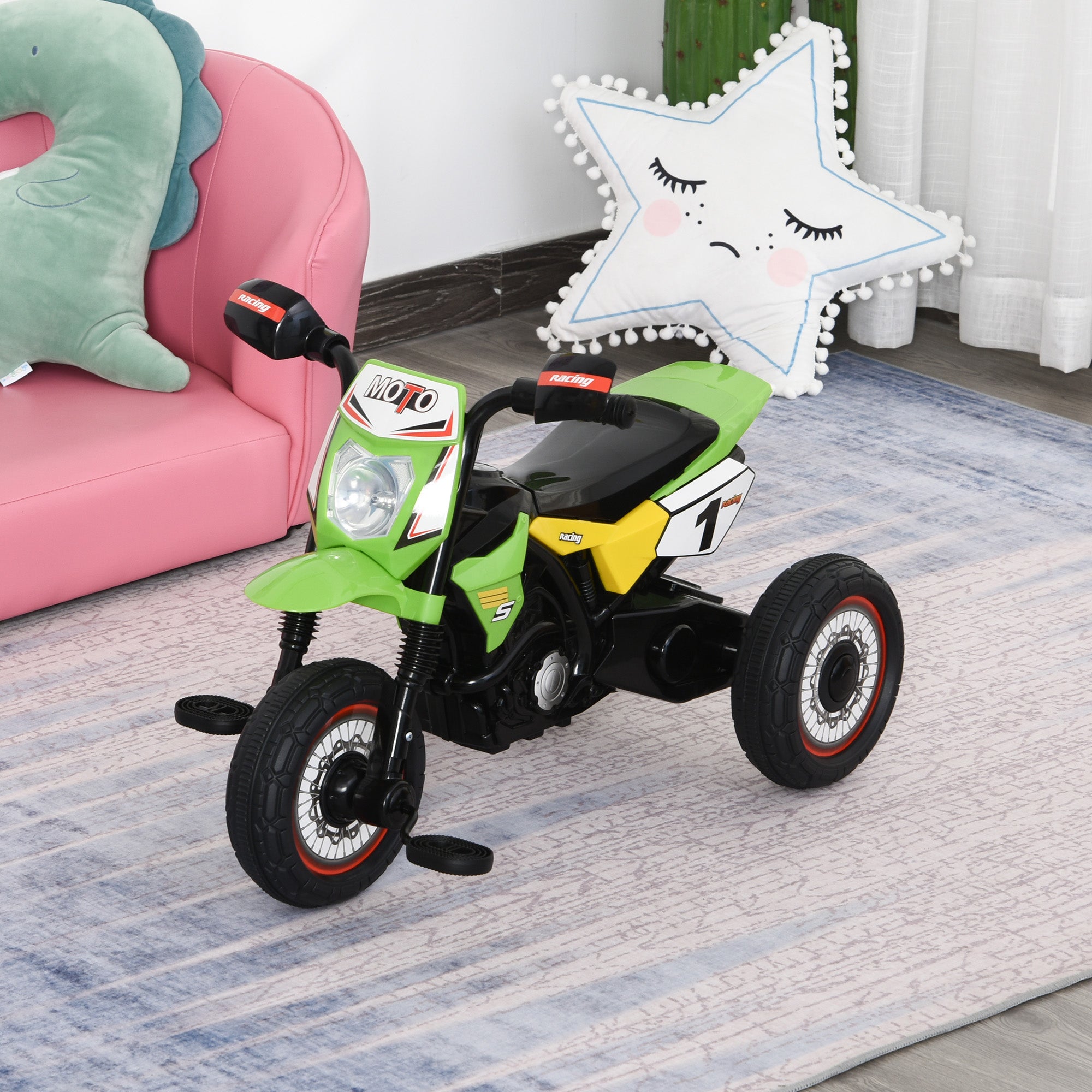 HOMCOM Toddler Pedal Motorcycle Kids Ride On Tricycle Early Learning w/ Music Lights Handlebar Stickers Exercise Boys Girls Gift for Kids 18 - 36 Months Green