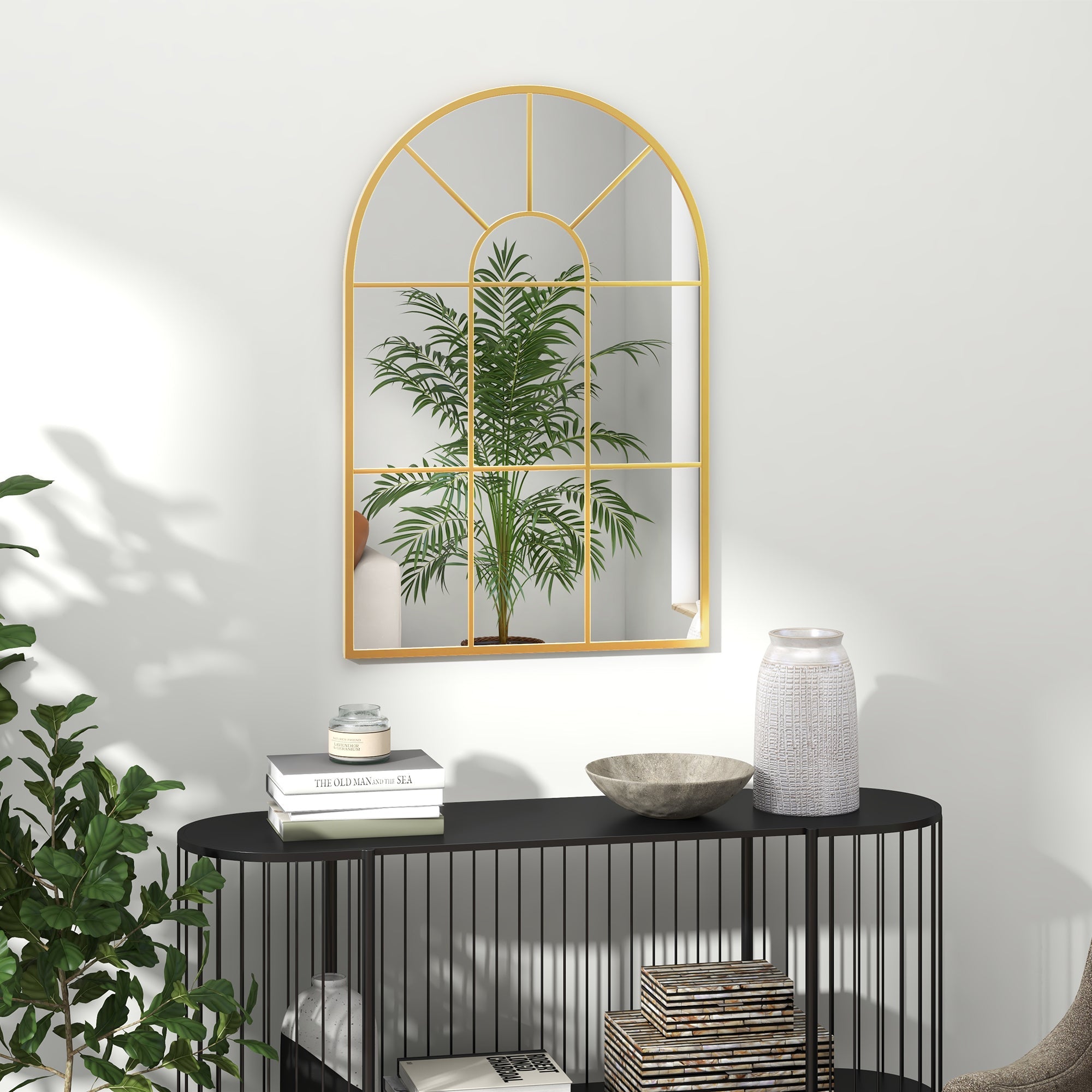 HOMCOM 90 X 61cm Arched Grid Mirror - Gold Tone