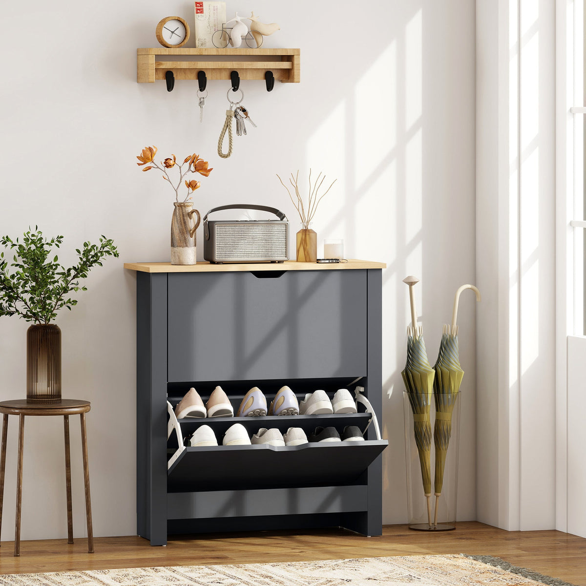 HOMCOM Slim Shoe Cabinet, Narrow Shoe Cupboard with 2 Flip Drawers, Adjustable Shelves for 12 Pairs of Shoes, Charcoal Grey