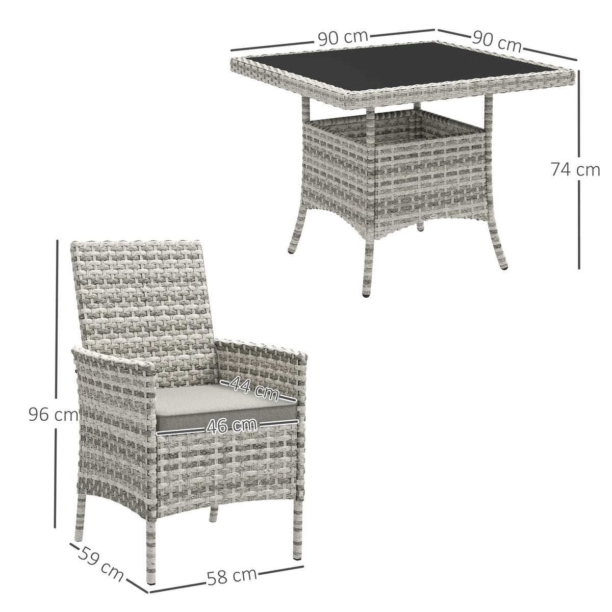 Outsunny Rattan Garden Furniture Set, Outdoor Dining Table and Chairs 4 Seater with Cushions, Square Tempered Glass Top, 4 Armchairs, for Balcony, Terrace, Conservatory, Mixed-Grey