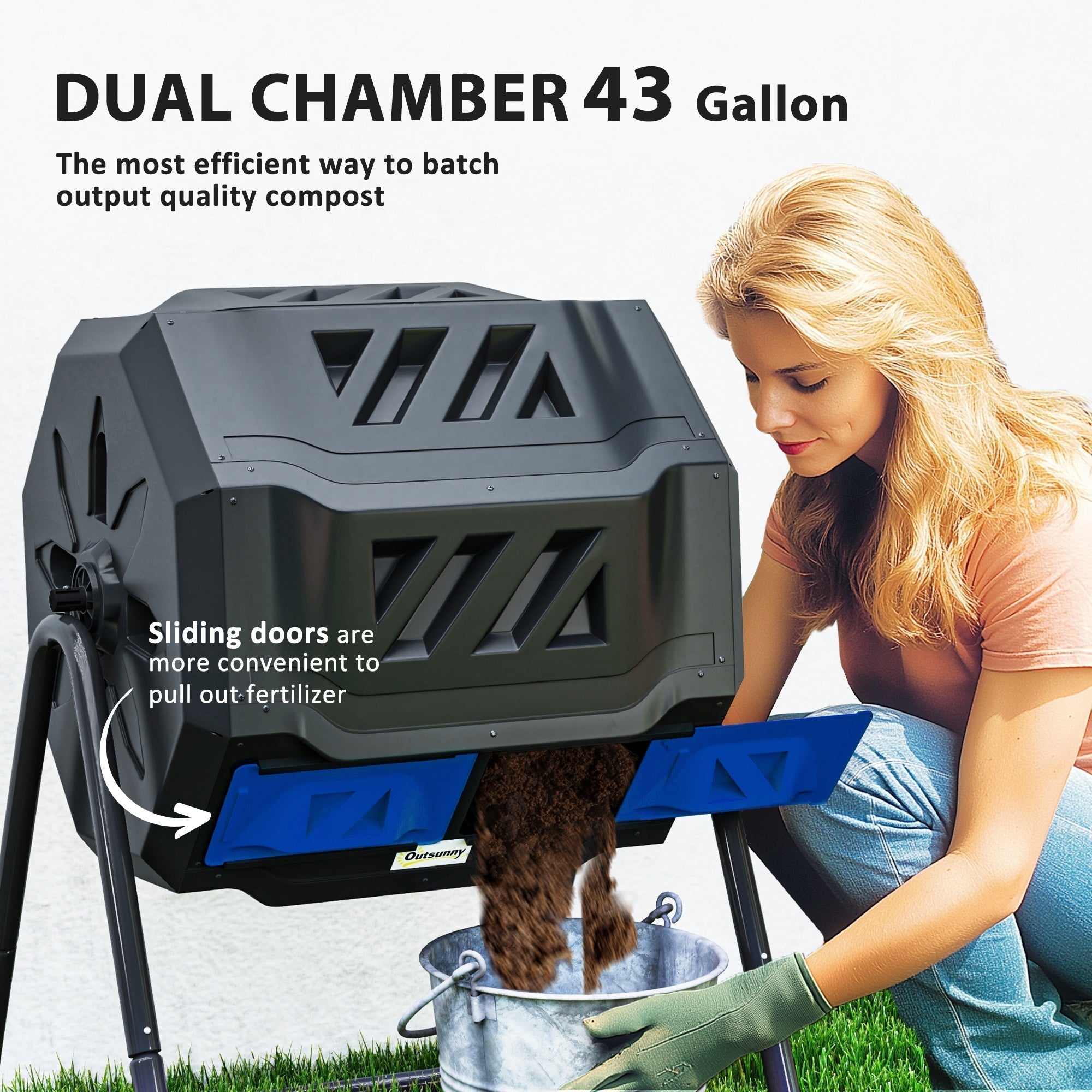 Outsunny 160L 360 Rotating Dual Chamber Composter - Blue