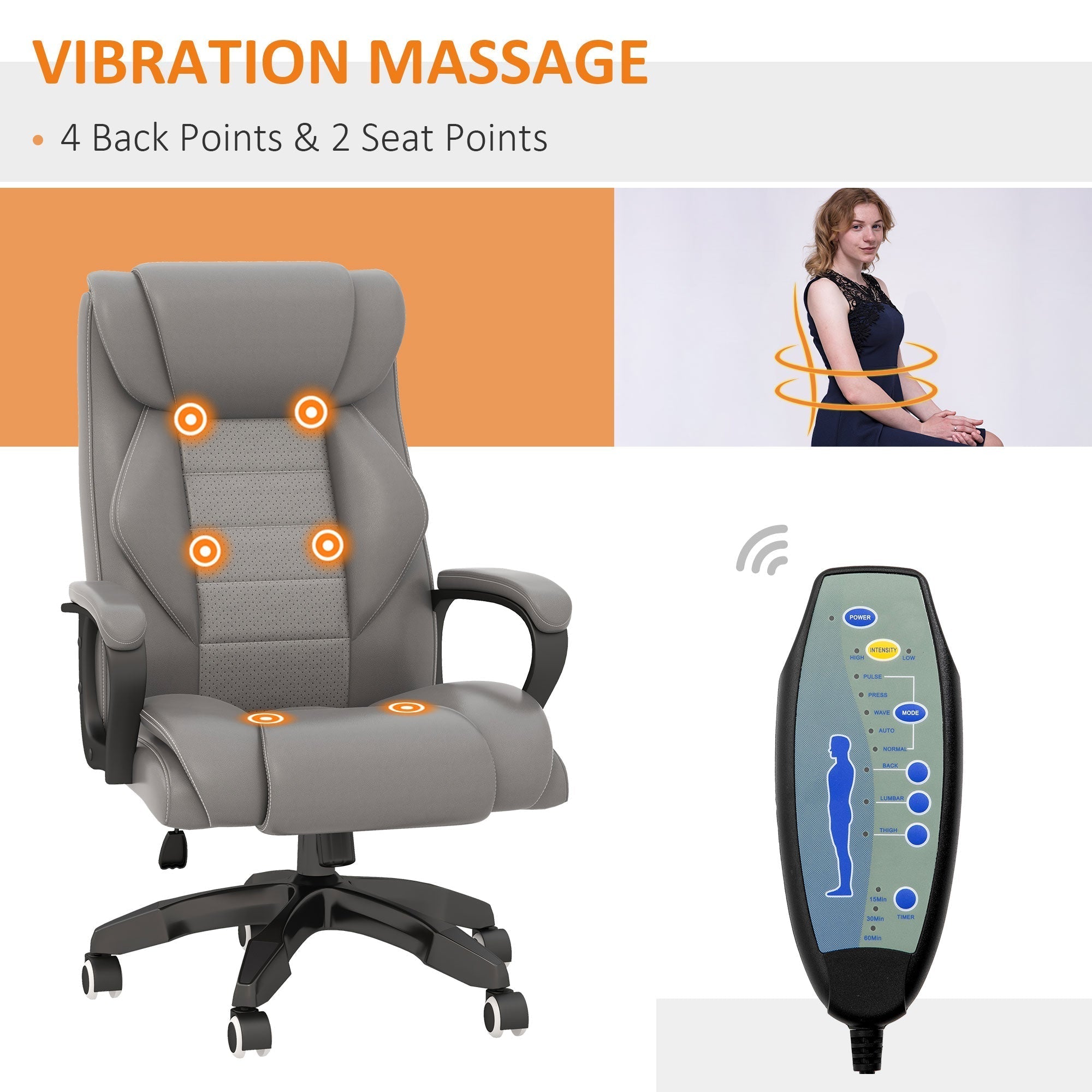 Vinsetto Office Chair with 6-Point Maaage and Back Heat, PU Desk Chair with Padded Seat and Armrest, Computer Chair with Tilt Function for Home, Grey
