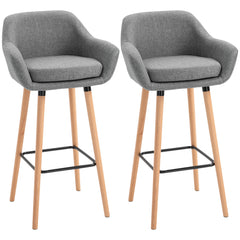 HOMCOM Set of 2 Bar Stools Modern Upholstered Seat Bar Chairs w/ Metal Frame, Solid Wood Legs Living Room Dining Room Fabric Furniture - Grey