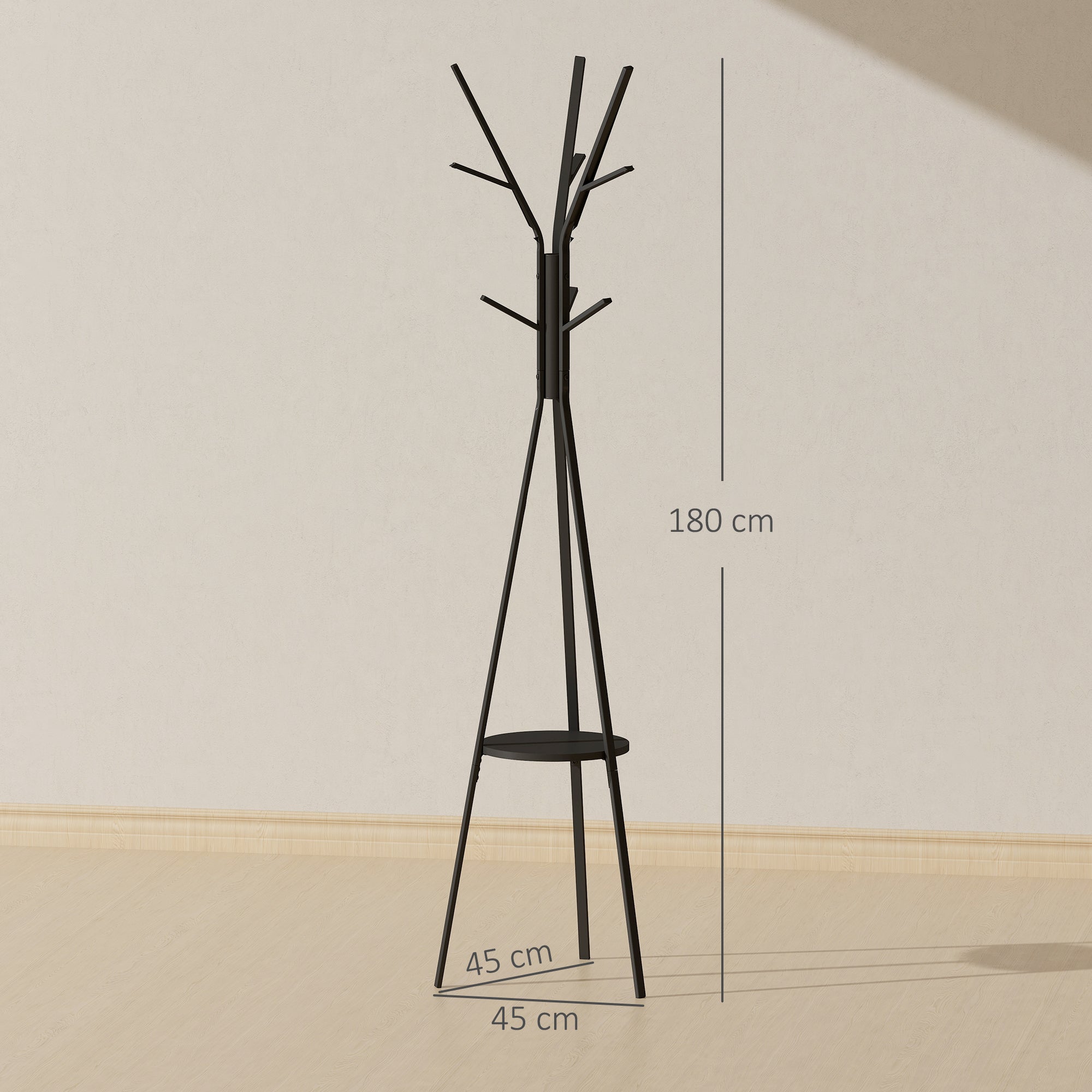 HOMCOM Freestanding Metal Coat Rack Stand 9 Hooks Clothes Tree with 1 Shelf Hat Display Hall Tree Hanger Bag Umbrella Hanging Organiser Black