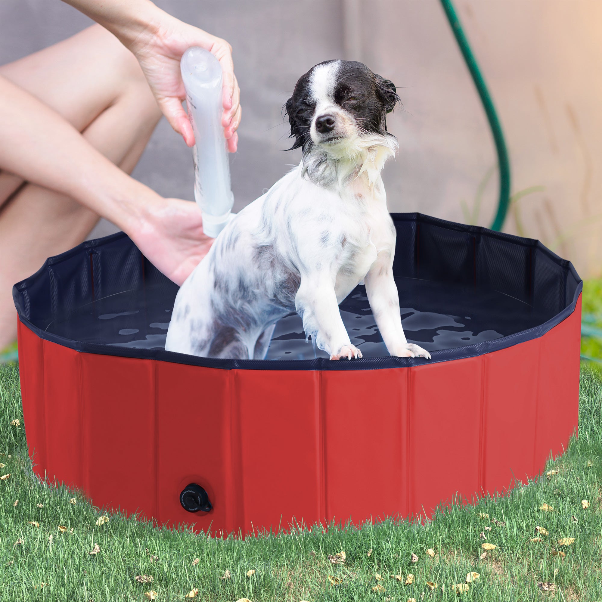 PawHut Dog Paddling Pool, Foldable Dog Pool, Leakproof & Hard Plastic, Portable Pet Bathtub with Non-Slip Base & Drainage Hole, for Indoors, Outdoors, Garden, Patio, 100 x 30 cm, Red