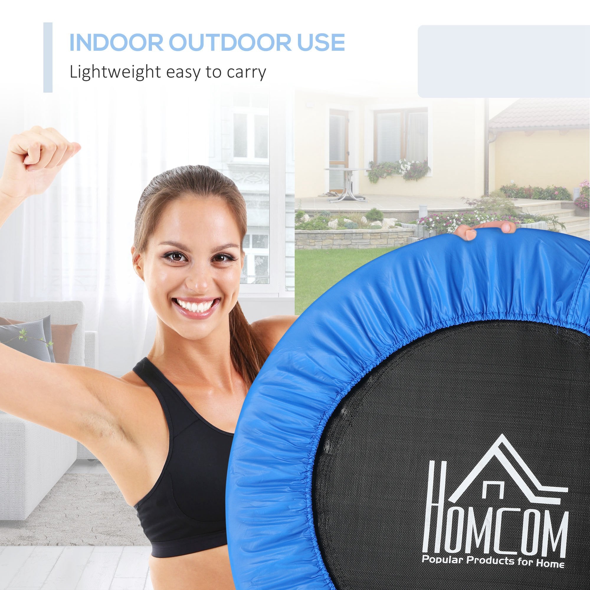 HOMCOM 101 Mini Fitness Trampoline Home Gym Yoga Exercise Rebounder Indoor Outdoor Jumper with Safety Pad, Support Up to 100 KG, Blue and Black