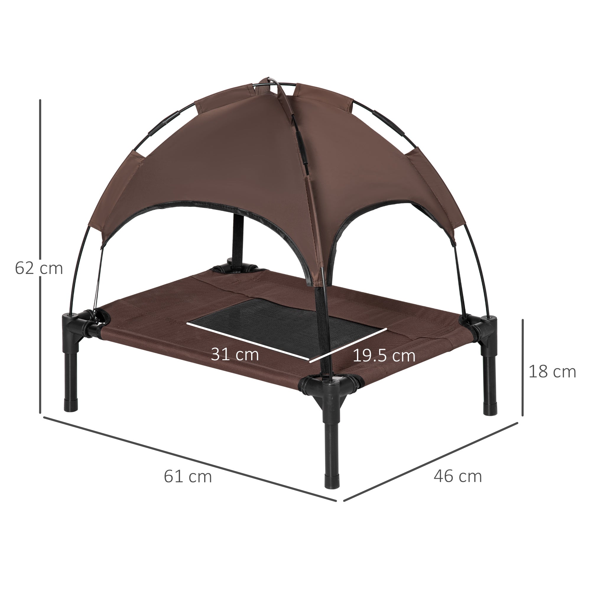 PawHut Raised Dog Bed Waterproof Elevated Pet Cot with Breathable Mesh UV Protection Canopy Brown, for Small Dogs, 61 x 46 x 62cm