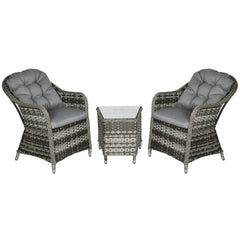 Outsunny 3 Pieces Rattan Bistro Set, Wicker Garden Bistro Set, Glass Top Balcony Table and Chairs with Cushions for Outdoor, Patio, Balcony, Grey