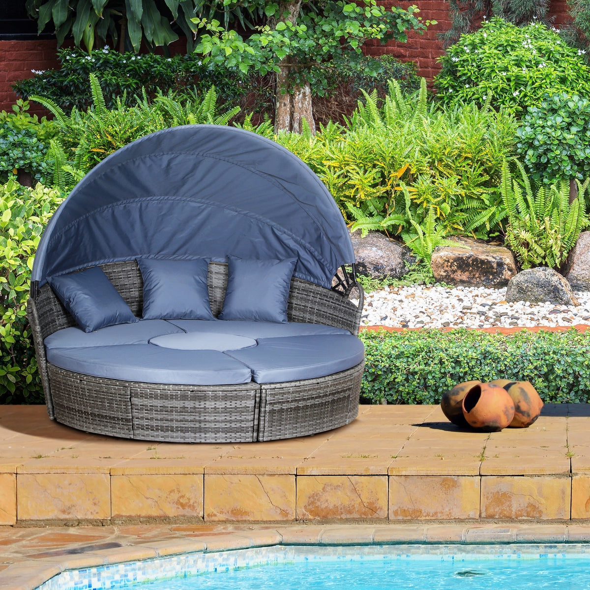 Outsunny Outdoor PE Rattan Garden Furniture with Cushioned, Patio Wicker Conversation Furniture Set, Round Daybed with Retractable Canopy, Coffee Table and Three Pillows, Grey/Blue Grey