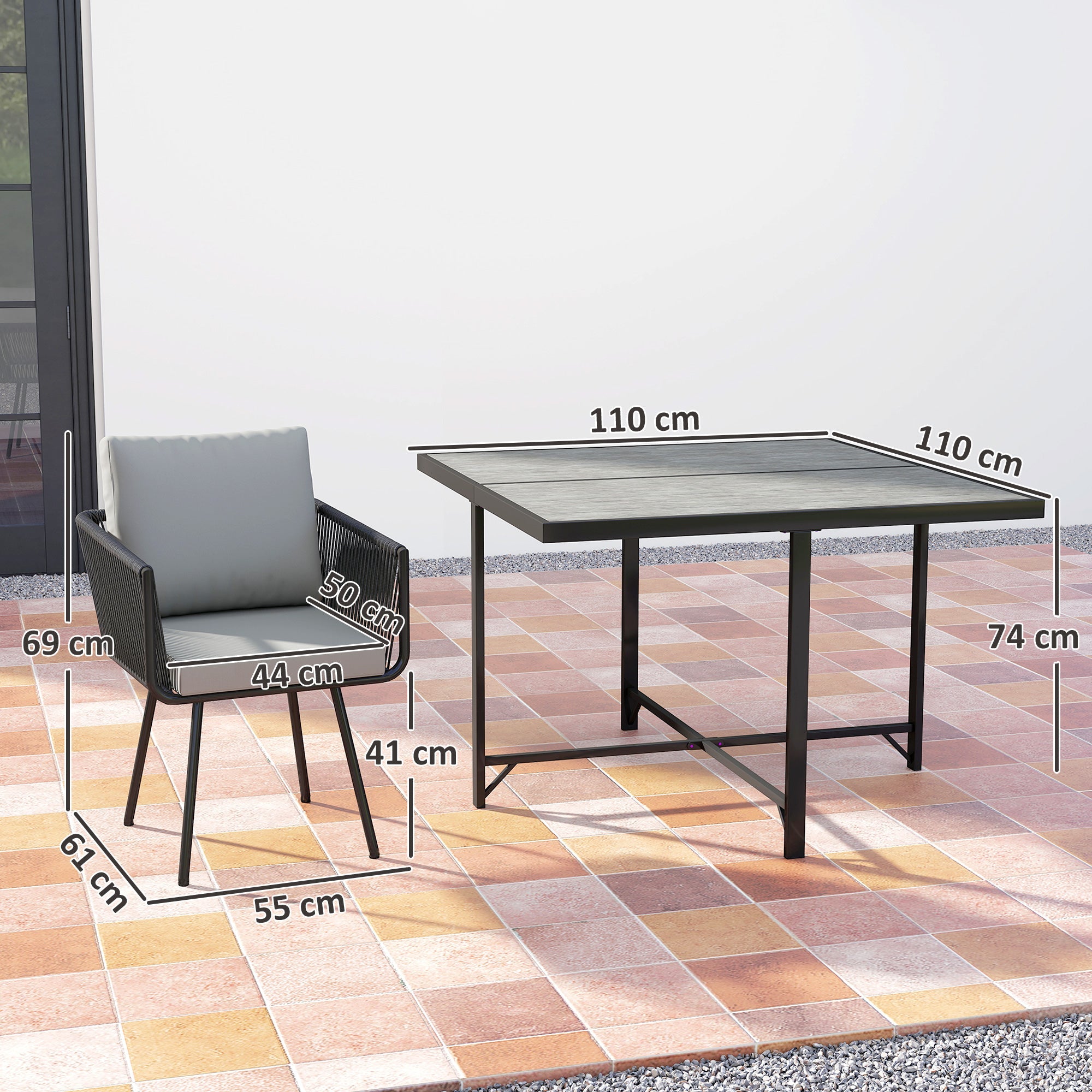 Outsunny 5 Piece Garden Furniture Set, Garden Dining Set with Wood-Plastic Table and 4 Stackable Chairs, Light Grey