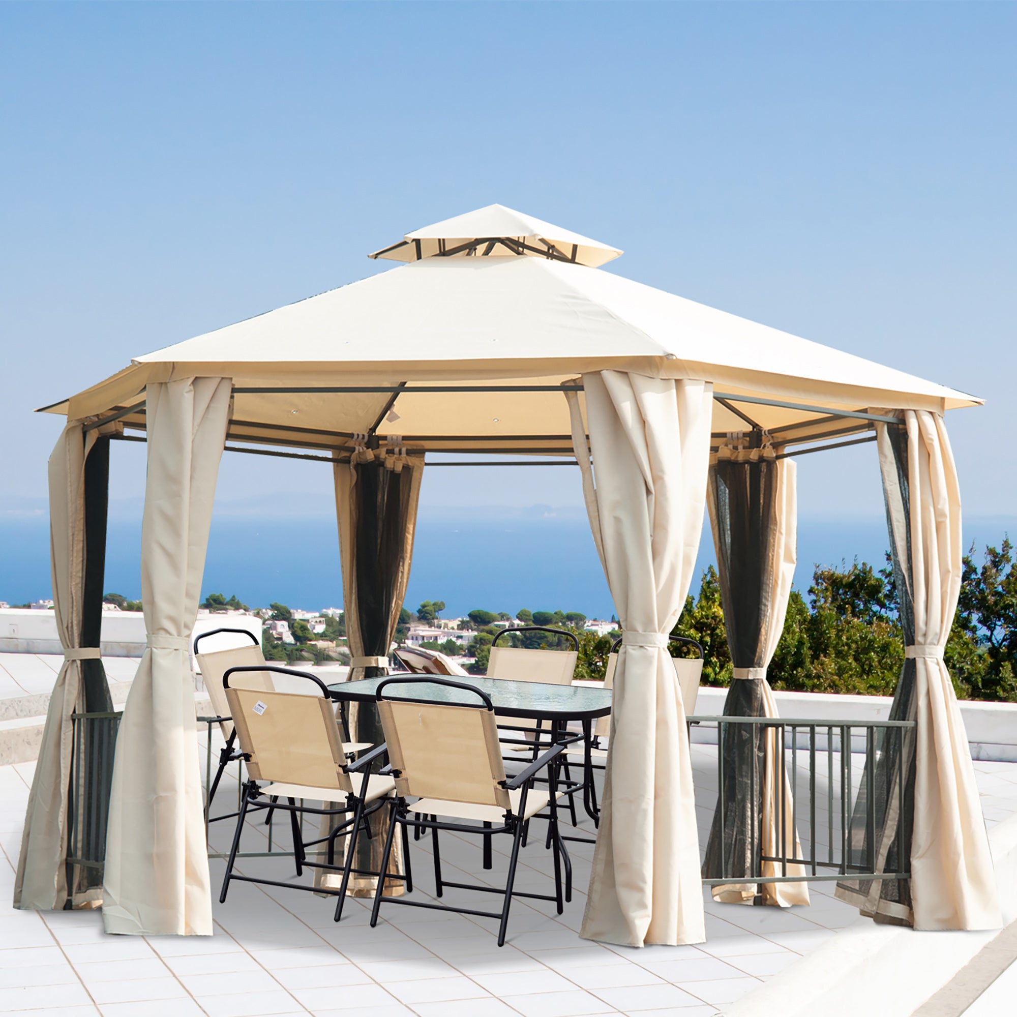 Outsunny 3 x 3 Hexagon Gazebo Patio Canopy Party Tent Outdoor Garden Shelter with 2 Tier Roof and Side Panel, Beige