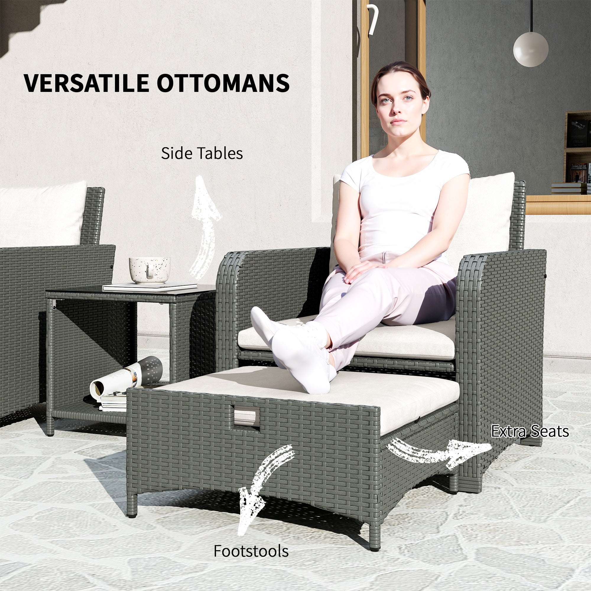 Outsunny Five Piece Rattan Garden Furniture Set with 2-Tier Coffee Table and Ottomans - Cream White