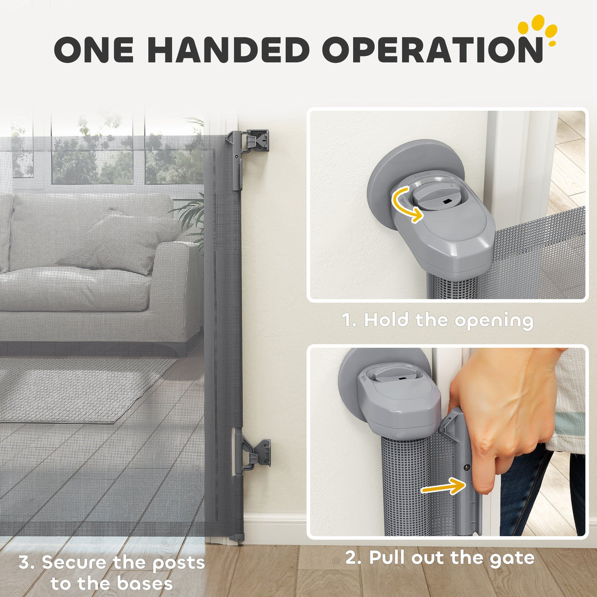 PawHut Retractable Dog Gate, Extends to 140 cm Wide & 93 cm Tall, Mesh Pet Gate with Single Hand Operation, for Stairs Doorways