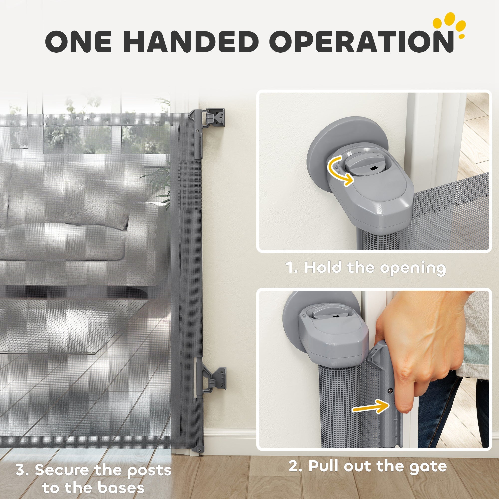 PawHut Retractable Dog Gate, Extends to 140 cm Wide & 93 cm Tall, Mesh Pet Gate with Single Hand Operation, for Stairs Doorways